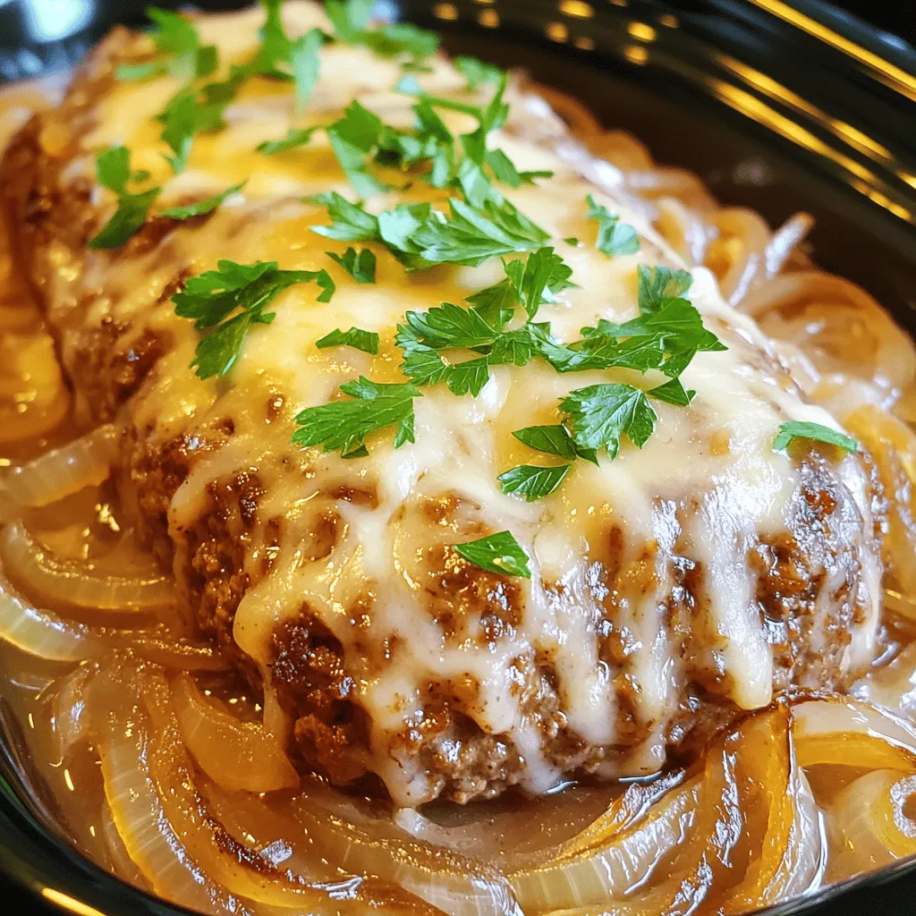 - 1 ½ pounds ground beef (80/20 blend) - 1 cup French onion soup (canned or homemade) - 1 cup breadcrumbs (preferably garlic or herb flavor) - 1 large onion, sliced thin - 2 cloves garlic, minced