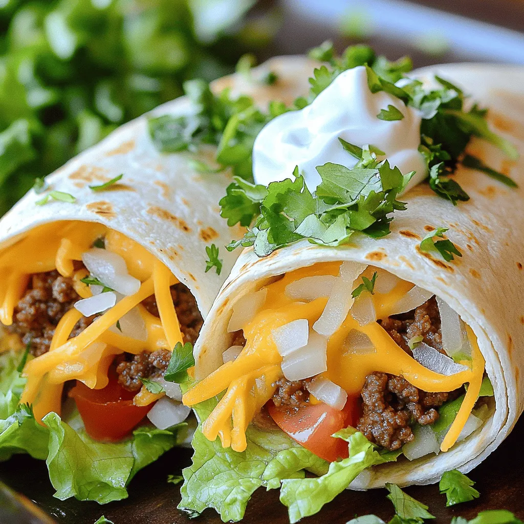 The core ingredients for cheesy beef wraps are simple yet flavorful. You will need 1 pound of ground beef. This will be the star of your dish. Next, use 1 tablespoon of olive oil to cook the beef. A medium onion adds great taste, so dice one for the mix. Don’t forget 2 cloves of minced garlic for an aromatic kick. Spices like paprika, cumin, and chili powder bring warmth and depth.