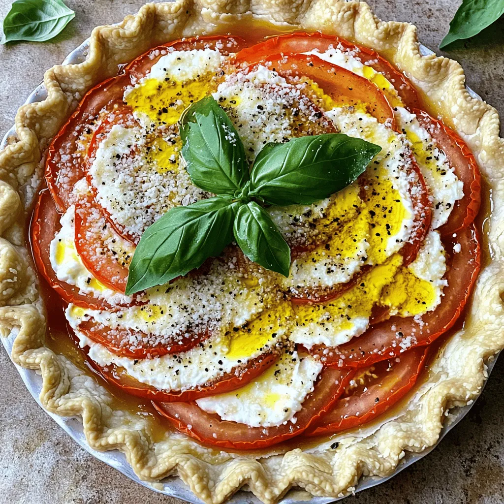 For a great Fresh Tomato Pie, you will need: - 1 pre-made pie crust (store-bought or homemade) - 4 large ripe tomatoes, sliced - 1 cup shredded mozzarella cheese - 1 cup ricotta cheese - 1/2 cup mayonnaise - 1 cup fresh basil leaves, chopped - 1 teaspoon garlic powder - 1 teaspoon onion powder - 1 teaspoon salt - 1/2 teaspoon black pepper - 1/4 cup grated Parmesan cheese - 1 tablespoon olive oil - Optional: Fresh basil leaves for garnish
