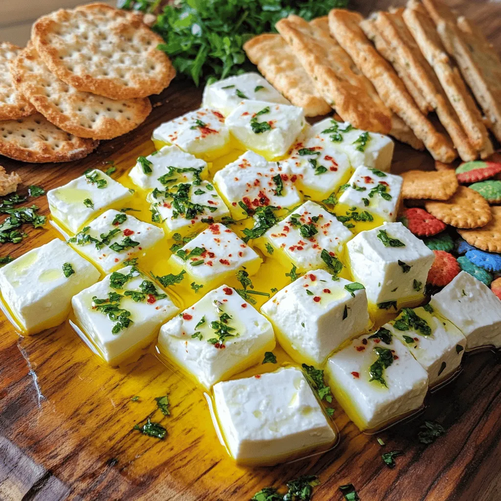 - Block of feta cheese - Extra-virgin olive oil - Garlic cloves - Dried herbs (oregano, thyme) - Crushed red pepper flakes