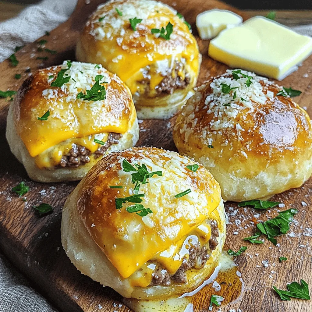 Garlic Parmesan cheeseburger bombs are a fun twist on traditional burgers. They are homemade garlic parmesan cheeseburger bombs that pack a lot of flavor. These savory burger bombs feature juicy beef, melted cheese, and garlic flavor wrapped in soft biscuit dough. Each bite has a burst of cheesy goodness and a hint of garlic.