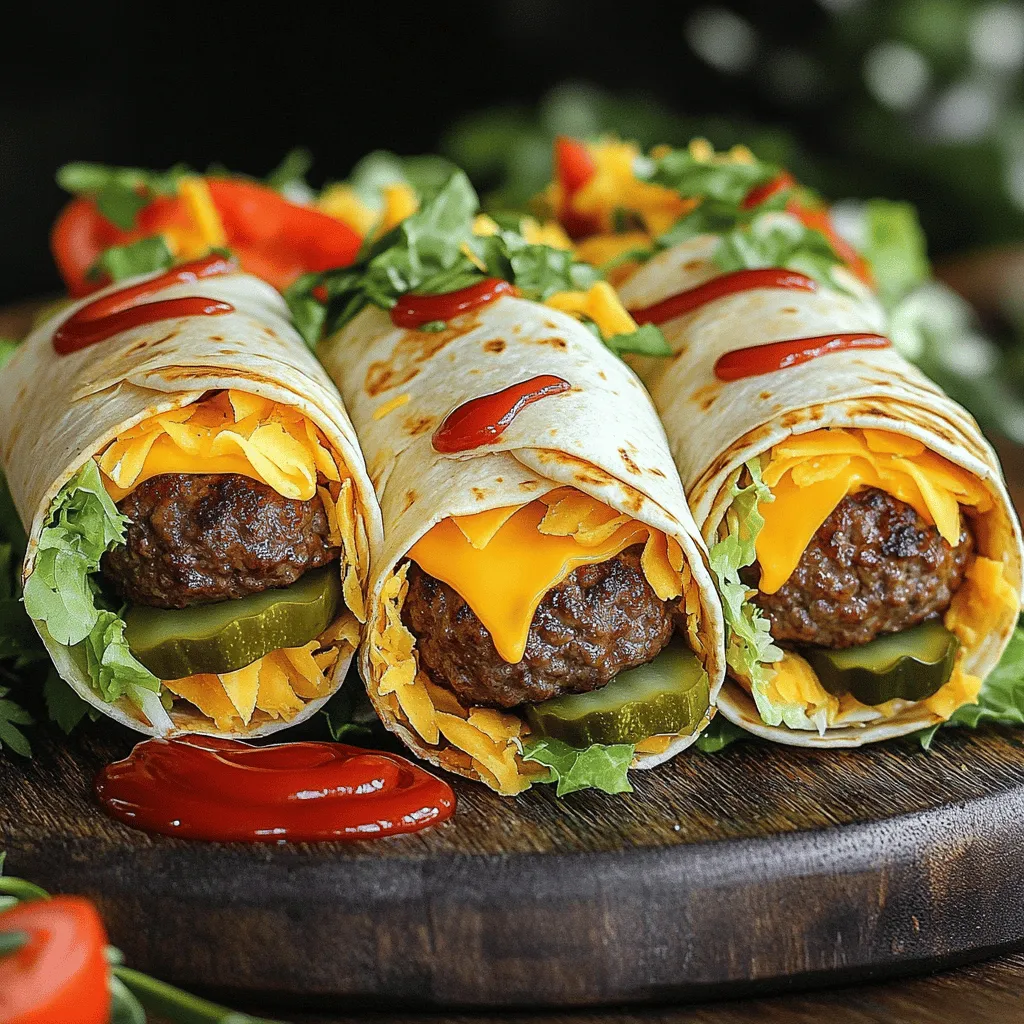 - 1 lb ground beef - 1 cup shredded cheddar cheese - 1 tablespoon Worcestershire sauce - 1 teaspoon garlic powder - 1 teaspoon onion powder - Salt and pepper to taste - 4 large tortillas (flour or whole wheat) - 1 cup shredded lettuce - 1 medium tomato, diced - 1/4 cup pickles, sliced - 1/4 cup ketchup - 1/4 cup mustard