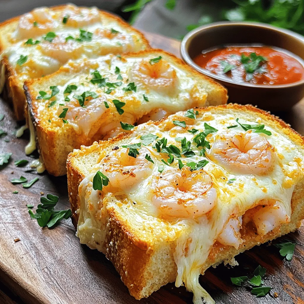 To make this delicious sandwich, you need a few key items. Here’s what you’ll need: - 1 loaf of crusty garlic bread, sliced - 8 oz shrimp, peeled and deveined - 1 cup shredded mozzarella cheese - 1/2 cup grated Parmesan cheese - 2 tablespoons unsalted butter - 2 cloves garlic, minced - 1 teaspoon Italian seasoning - Salt and pepper to taste - Fresh parsley, finely chopped (for garnish)
