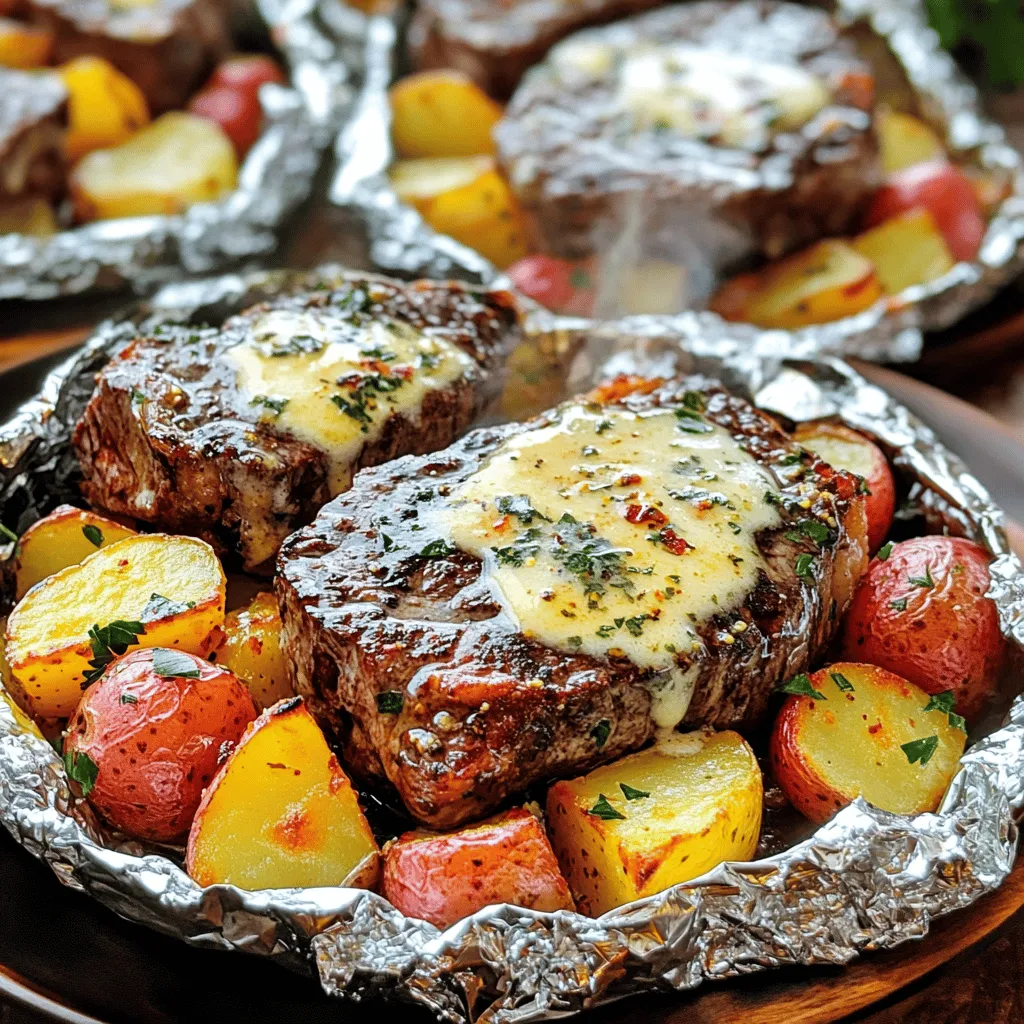 - 2 ribeye steaks (or sirloin) - 4 medium-sized red potatoes - 6 cloves garlic - 4 tablespoons unsalted butter - 1 teaspoon dried rosemary - 1 teaspoon dried thyme - Salt and pepper to taste - 1 tablespoon olive oil - Fresh parsley (for garnish) These ingredients are key to making your Garlic Butter Steak and Potato Foil Packets shine. Ribeye steaks offer rich flavor, while sirloin can also work well. Red potatoes cook perfectly, becoming tender and flavorful. Garlic adds a punch that elevates the dish. For seasoning, unsalted butter provides a creamy base. Rosemary and thyme add depth, making every bite aromatic. Salt and pepper help to enhance the overall taste. Don’t forget the olive oil. It keeps everything moist and helps the flavors blend together. Lastly, fresh parsley gives your dish a bright finish and a pop of color.Enjoy crafting these delicious packets that are sure to impress! - Preheat your grill to medium-high heat. If you prefer baking, set your oven to 400°F (200°C). - In a large mixing bowl, combine the cubed potatoes and bite-sized steak pieces. Drizzle olive oil over the mixture. Add melted butter, minced garlic, rosemary, thyme, paprika, salt, and pepper. Toss everything until well coated. - Cut four large pieces of aluminum foil, about 12x12 inches each. - Divide the steak and potato mixture evenly among the four foil sheets. - Fold the foil over the mixture, sealing all sides tightly. This keeps the steam in. - Place the foil packets on the grill. Cook them for about 20-25 minutes. If baking, place the packets in the oven for 25-30 minutes. - Turn the packets halfway through cooking for even heat. To check doneness, use a meat thermometer for the steak. The potatoes should be fork-tender. - Carefully remove the packets from heat. Let them cool for a minute before opening, as steam can escape. Enjoy your meal with fresh parsley on top. How do I check steak temperature? Use a meat thermometer. Aim for 130°F (54°C) for medium-rare, or 145°F (63°C) for medium. Insert the thermometer into the thickest part of the steak. This gives you the best reading. How do I determine potato tenderness? Pierce the potatoes with a fork. If it goes in easily, they are done. The potatoes should feel soft but not mushy. Check often to avoid overcooking. What are some fun presentation ideas? Serve the foil packets on plates. Let guests open their own packets. This adds an element of fun. You could also serve with garlic bread. It’s great for soaking up the butter! What side dishes go well with this meal? Pair with a fresh salad or steamed veggies. These add color and balance. You can also try a light coleslaw for crunch. What are the pros and cons of grilling vs. oven? Grilling gives a nice smoky flavor. It also cooks fast. The oven is great for even cooking. It’s less hands-on, too. Choose based on your mood and time. How can I adjust for different equipment? If using a toaster oven, reduce time slightly. For a campfire, use a grill grate. Cook the packets directly over the heat. Always check doneness early to ensure perfect results. {{image_2}} You can change the protein in this recipe. Instead of steak, use chicken or shrimp. Both options cook well and add a unique twist. Try chicken thighs for juicy bites or shrimp for a quick cook. You can also swap out the potatoes. Carrots, zucchini, or bell peppers work great. Just chop them small for even cooking. Boost the flavor with herbs and spices. Add fresh basil, oregano, or a pinch of chili flakes. You can also try flavored butters, like garlic herb or lemon butter. These will add a new taste to your foil packets. Mixing and matching spices makes every meal special. If you