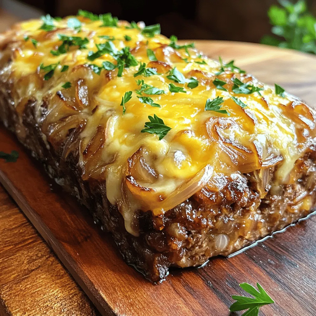 The French Onion Meatloaf recipe requires some key ingredients. First, you need 1 pound of ground beef and 1 pound of ground pork. The mix of meats gives a rich flavor and good texture. You will also need 1 large onion, finely chopped, and 2 cloves of garlic, minced. These add depth and aroma to the dish.