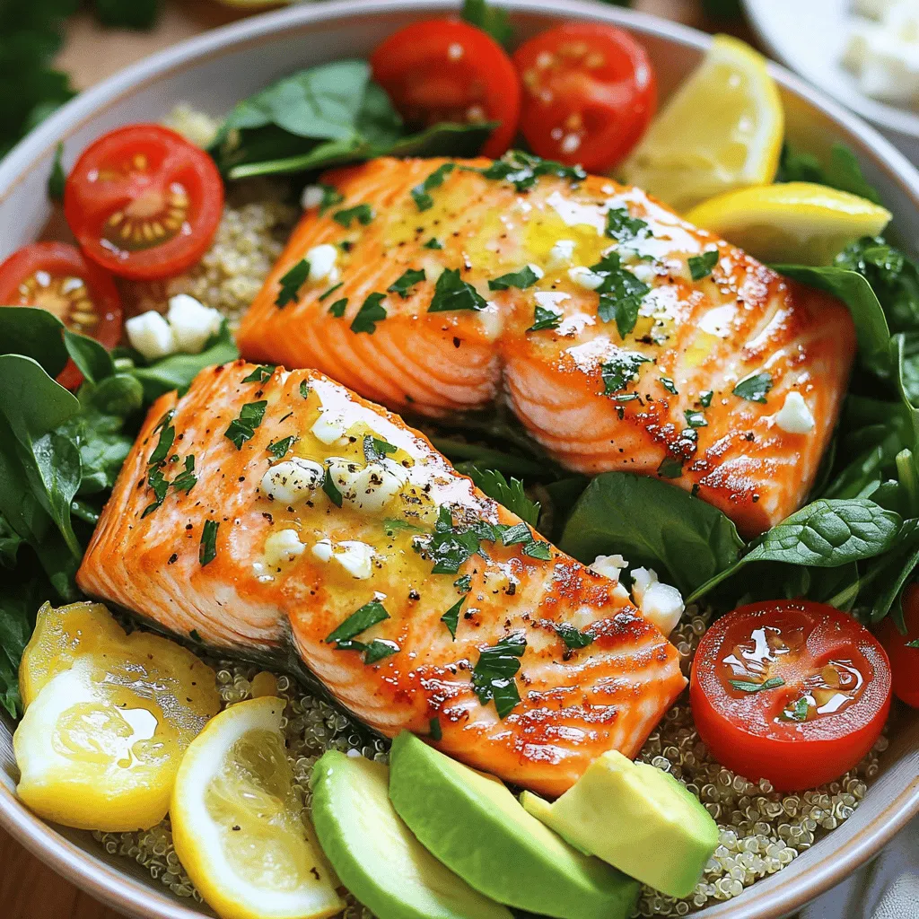 The Epic Garlic-Lemon Salmon Power Bowl stands out as a must-try meal. It combines bright flavors and great nutrition. Each bowl is packed with healthy salmon, fresh veggies, and tasty quinoa. These layers create a beautiful dish that is good for you.