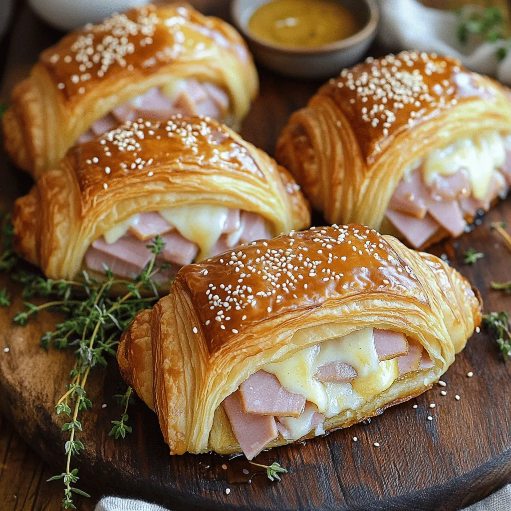 - 4 large croissants - 8 ounces sliced ham (preferably honey or smoked ham) - 8 ounces shredded Gruyère cheese (or Swiss cheese) - 1/4 cup Dijon mustard - 1/4 cup mayonnaise - 1 tablespoon fresh thyme leaves (or 1 teaspoon dried thyme) - 1 tablespoon honey - Salt and pepper to taste - 1 egg (for egg wash) - Sesame seeds (optional, for topping)