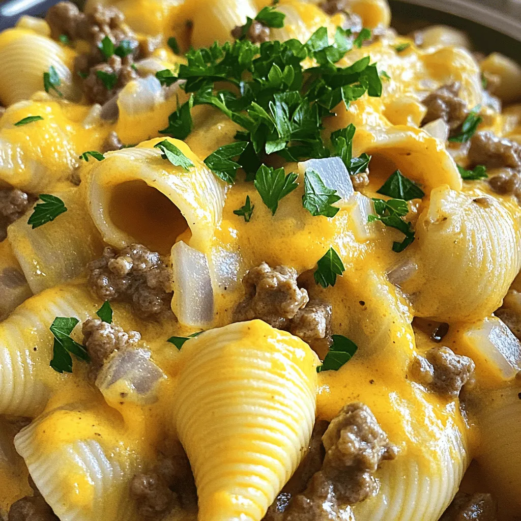 - 1 pound ground beef - 8 ounces medium shell pasta - 2 cups beef broth - 1 cup heavy cream - 1 cup shredded cheddar cheese
