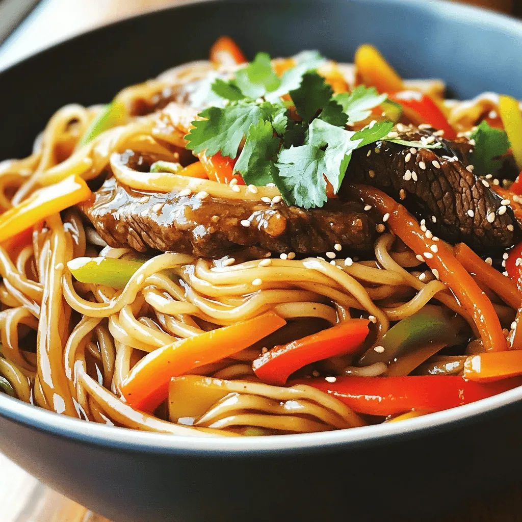 To make hoisin beef noodles, you need simple ingredients. Start with 200g of rice noodles. Rice noodles cook quickly and absorb flavors well. Next, use 250g of beef sirloin, thinly sliced. This cut is tender and perfect for stir-frying. You also need garlic and ginger for a fragrant base. Two cloves of garlic and one teaspoon of ginger add great taste. Don’t forget the vegetables! Use one bell pepper, sliced, and one carrot, julienned. These add color and crunch. The sauces are key too: three tablespoons of hoisin sauce and two tablespoons of soy sauce bring sweetness and saltiness. Finally, drizzle in one tablespoon of sesame oil for richness.