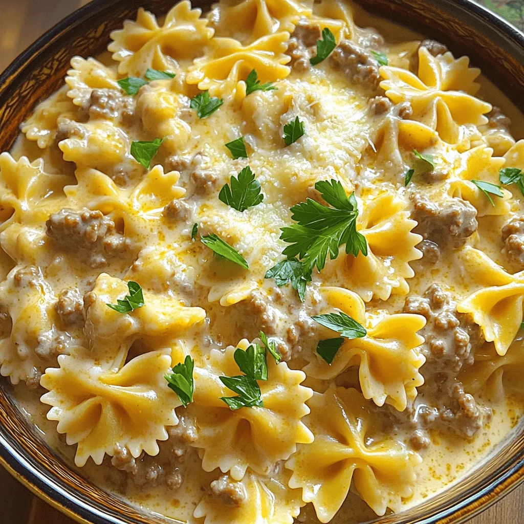 Beef and Bowtie Pasta with Alfredo Creamy Delight