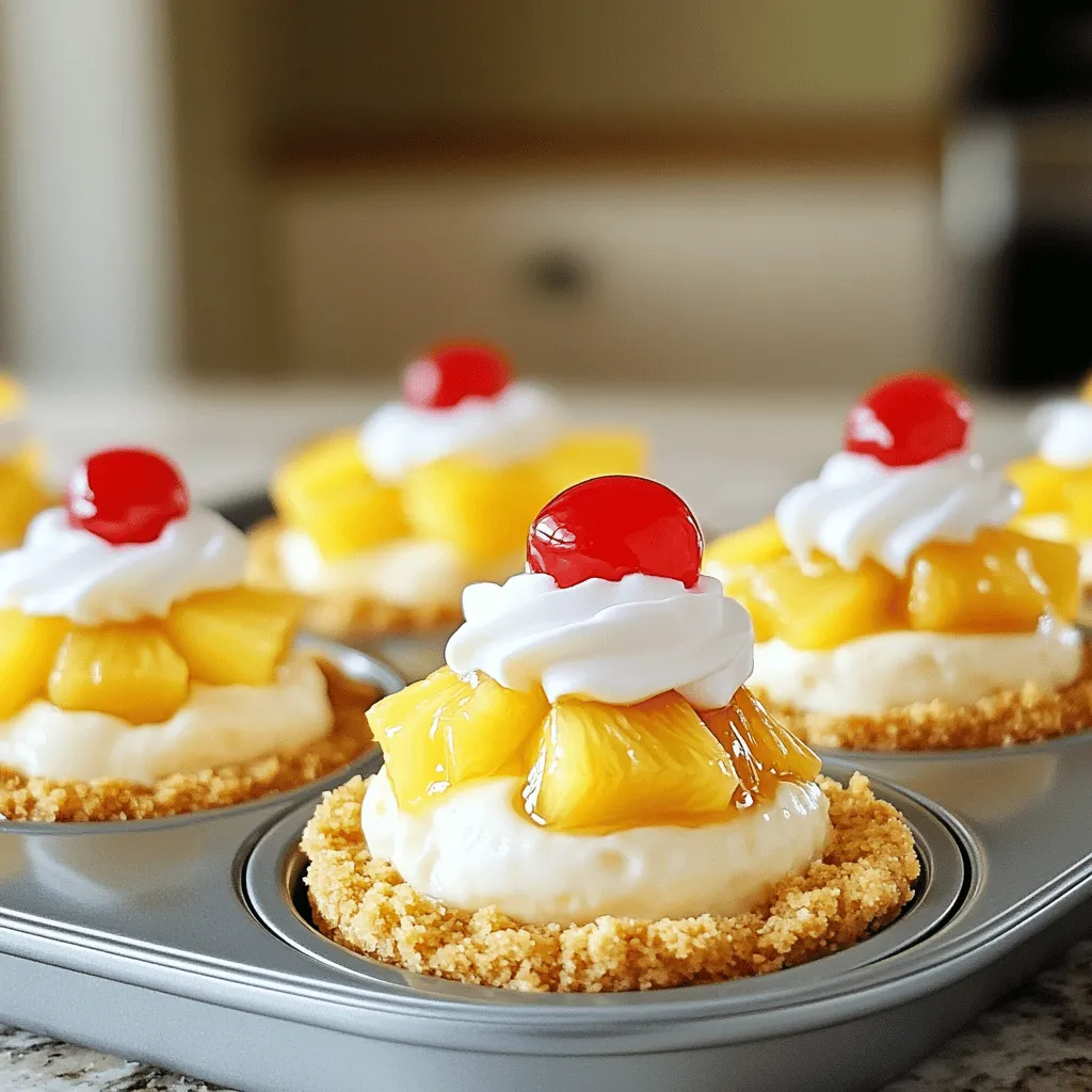 - 1 cup graham cracker crumbs - 5 tablespoons unsalted butter, melted - 2 tablespoons brown sugar - 8 oz cream cheese, softened - 1/2 cup granulated sugar - 1 teaspoon vanilla extract - 1/2 cup sour cream - 1 large egg - 1 can (8 oz) sliced pineapple, drained - Maraschino cherries for topping