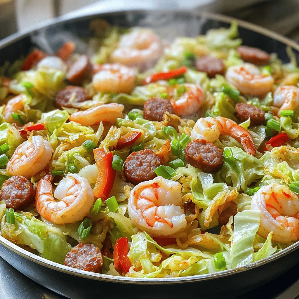 To make Fried Cabbage with Shrimp & Sausage, you will need the following items: - 1 medium head of green cabbage, shredded - 1 lb shrimp, peeled and deveined - 1 lb smoked sausage, sliced - 1 medium onion, diced - 3 cloves garlic, minced - 1 red bell pepper, sliced - 2 tablespoons olive oil - 2 tablespoons soy sauce - 1 teaspoon smoked paprika - 1/2 teaspoon black pepper - 1/4 teaspoon cayenne pepper (optional) - Salt to taste - 2 green onions, sliced (for garnish) These ingredients come together to create a delightful dish. The cabbage adds crunch and nutrition. Shrimp provides a sweet and briny flavor, while the sausage gives a rich and smoky taste. The garlic and onion boost the overall aroma and taste. Using fresh ingredients makes a big difference. If you can, go for seasonal veggies. They bring out the best flavors.- Heat 1 tablespoon of olive oil in a large skillet over medium-high heat. - Add the sliced smoked sausage. Cook until browned, about 5-7 minutes. - Remove the sausage from the skillet and set aside. - In the same skillet, add the remaining tablespoon of olive oil. - Add the diced onion and sliced bell pepper. Cook until soft, about 3-4 minutes. - Stir in minced garlic. Cook for another minute until it smells great. - Add the shredded cabbage to the skillet and mix well. - Toss in the shrimp, cooked sausage, soy sauce, smoked paprika, black pepper, and cayenne pepper. - Cook for about 5-7 minutes until shrimp are pink and cabbage is tender. This recipe captures rich flavors and textures you will love.To make this dish shine, adjust the seasoning. Taste as you cook. You can add more salt or pepper to fit your flavor. Fresh ingredients bring out the best taste. Use crisp cabbage, bright peppers, and fresh shrimp for a burst of flavor. When frying, use medium-high heat. This cooks the sausage and shrimp quickly. Stir often to ensure even cooking. It helps the cabbage wilt nicely without burning. Pay attention to colors as they change. The shrimp should be pink, and the cabbage should be tender but not mushy. For a nice presentation, serve it on a large platter. Arrange the dish so the colors pop. Add fresh green onions on top for a bright touch. Lime wedges on the side add zest and visual appeal. This makes your dish look as good as it tastes!{{image_2}} You can switch shrimp for chicken. Just cut the chicken into small pieces. Cook it first until golden brown, then add the other ingredients. Or, for a vegan twist, use tofu. Press the tofu to remove water, then cube it. Sauté it until crispy. This gives a nice texture and flavor to the dish. Cabbage is great, but you can add more veggies. Try carrots or zucchini for extra crunch. Broccoli or snap peas work well too. Just make sure to cut them small so they cook evenly. Season your dish with what’s in season. Fresh vegetables taste better and are healthier. Want some heat? Add more cayenne pepper to spice things up. Start with a pinch and taste as you go. If you prefer a sweet taste, add bell peppers. They bring sweetness and color to your meal. You can even mix different colors of bell peppers for fun!To keep your fried cabbage with shrimp and sausage fresh, store it in an airtight container. Let it cool first before sealing. This dish stays good in the fridge for up to three days. If you notice any off smells or changes in texture, it’s best to toss it. Consuming leftovers within this time ensures you enjoy the best flavor. Want to save some for later? You can freeze this dish! Portion it into freezer-safe containers. Make sure to leave some space at the top for expansion. It can last for about two months in the freezer. When you