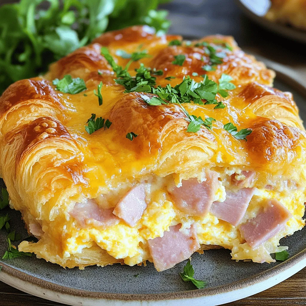 - 6 large buttery croissants, chopped into bite-sized pieces - 1 cup cooked ham, diced - 1 cup shredded mozzarella cheese - 1 cup shredded cheddar cheese