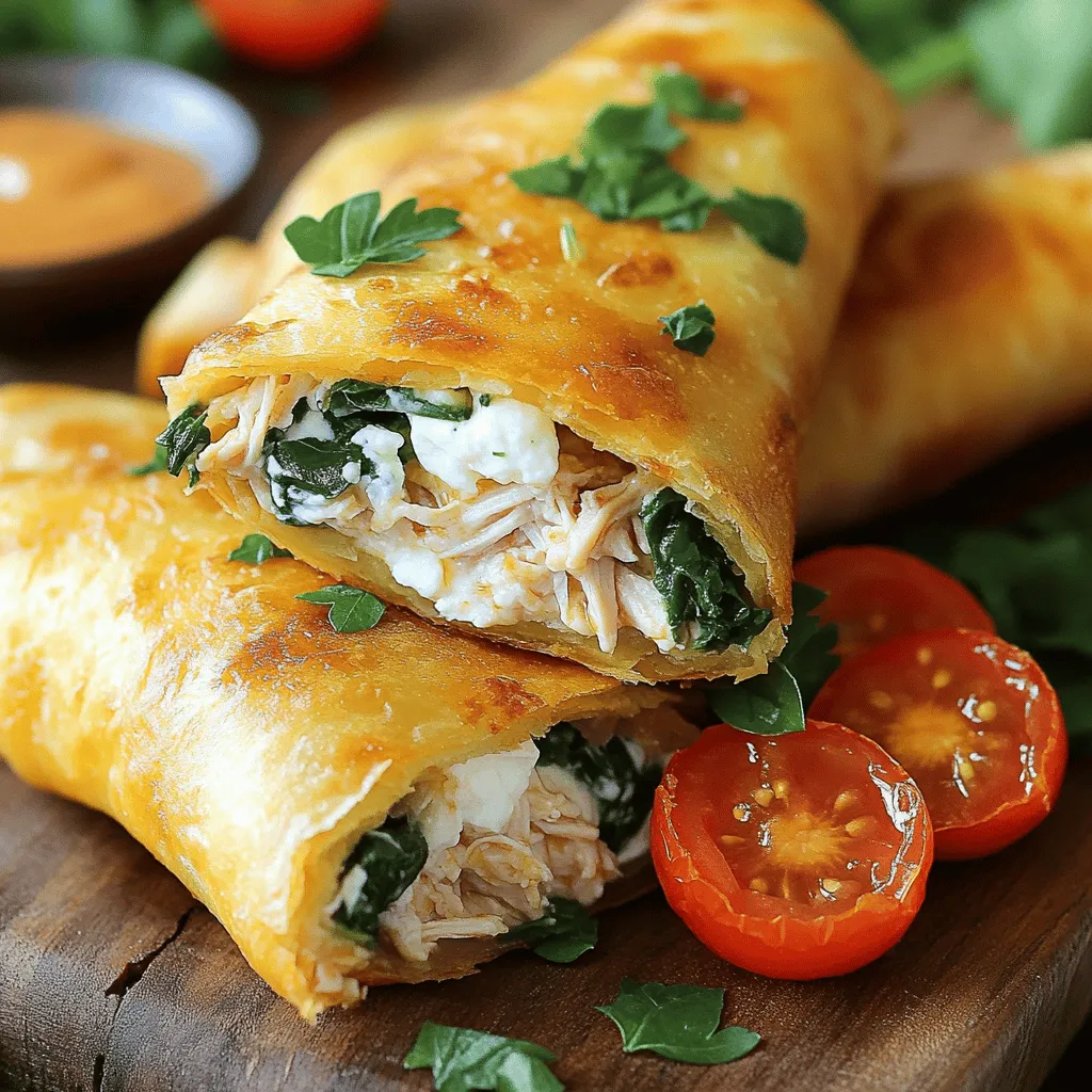 To make Cheesy Garlic Chicken Wraps, gather these key items: - 2 cups cooked chicken, shredded - 1 cup cream cheese, softened - 1 cup shredded mozzarella cheese - 2 cloves garlic, minced - 1 teaspoon garlic powder - ½ teaspoon paprika - Salt and pepper to taste - 4 large flour tortillas - 1 cup spinach leaves - ½ cup cherry tomatoes, halved - 2 tablespoons olive oil - Fresh parsley for garnish