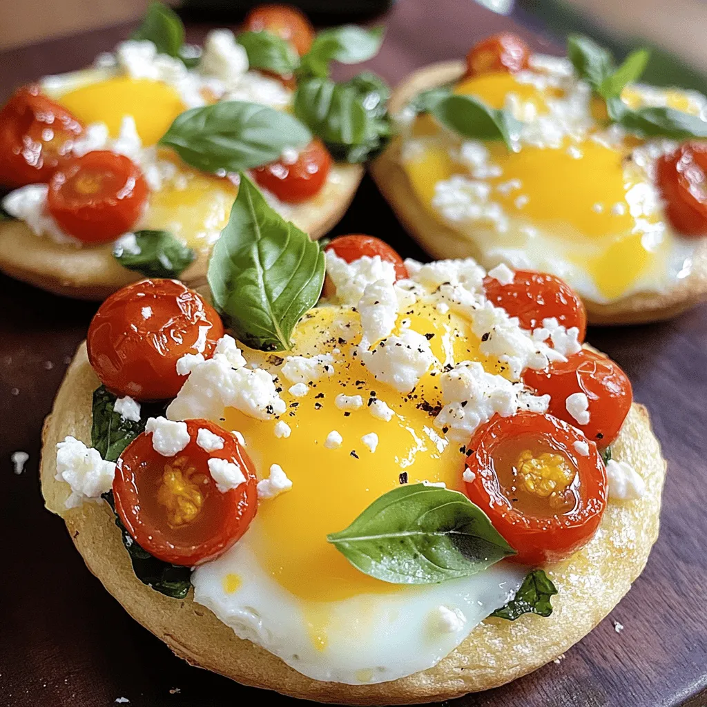 - 2 whole wheat English muffins, split in half - 4 large eggs - 1 cup shredded mozzarella cheese - 1/2 cup cherry tomatoes, halved - 1/2 cup cooked spinach, chopped