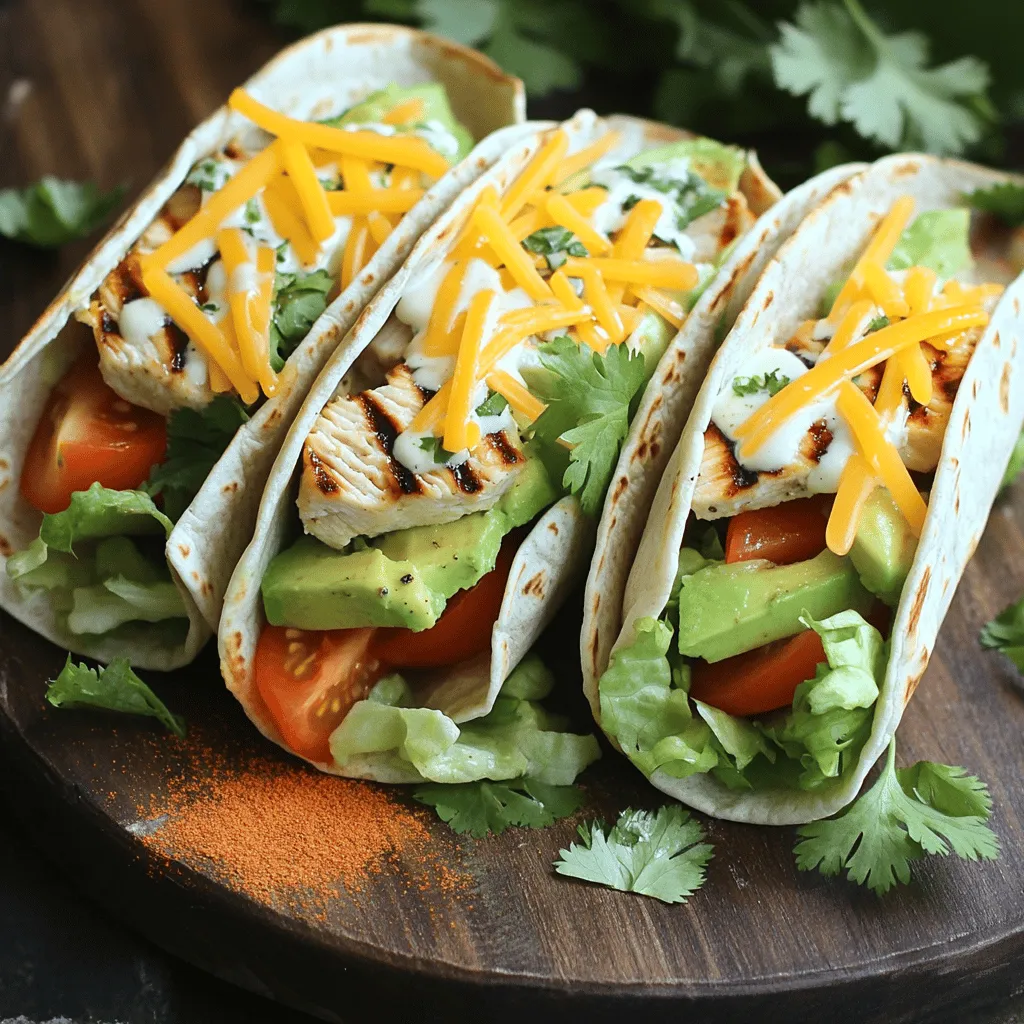 - 2 boneless, skinless chicken breasts - 4 whole wheat tortillas - 1 ripe avocado, sliced - 1 cup shredded lettuce - 1 medium tomato, diced - ½ cup shredded cheddar cheese - ½ cup ranch dressing
