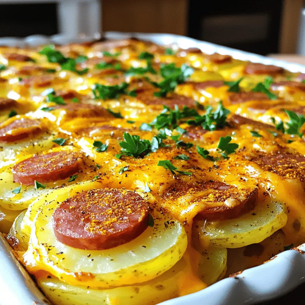 - 1 lb smoked kielbasa, sliced into rounds - 4 medium potatoes, thinly sliced - 1 large onion, finely chopped - 2 cups shredded cheddar cheese - 1 cup sour cream - 1 cup milk - 2 cloves garlic, minced - 1 teaspoon paprika - 1 teaspoon smoked paprika - 1/2 teaspoon salt - 1/2 teaspoon black pepper - 1 tablespoon olive oil - Fresh parsley, chopped (for garnish)