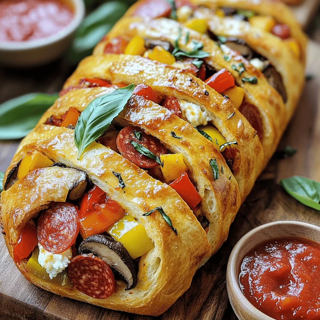 - 1 large pizza dough (store-bought or homemade) - 1 cup pepperoni slices - 1 cup bell peppers, diced - 1 cup mushrooms, sliced - 1 cup shredded mozzarella cheese - 1/2 cup ricotta cheese - 1/2 cup black olives, sliced - 1 tablespoon Italian seasoning - 1 teaspoon garlic powder - 1 egg (for egg wash) - Olive oil for brushing - Salt and pepper to taste