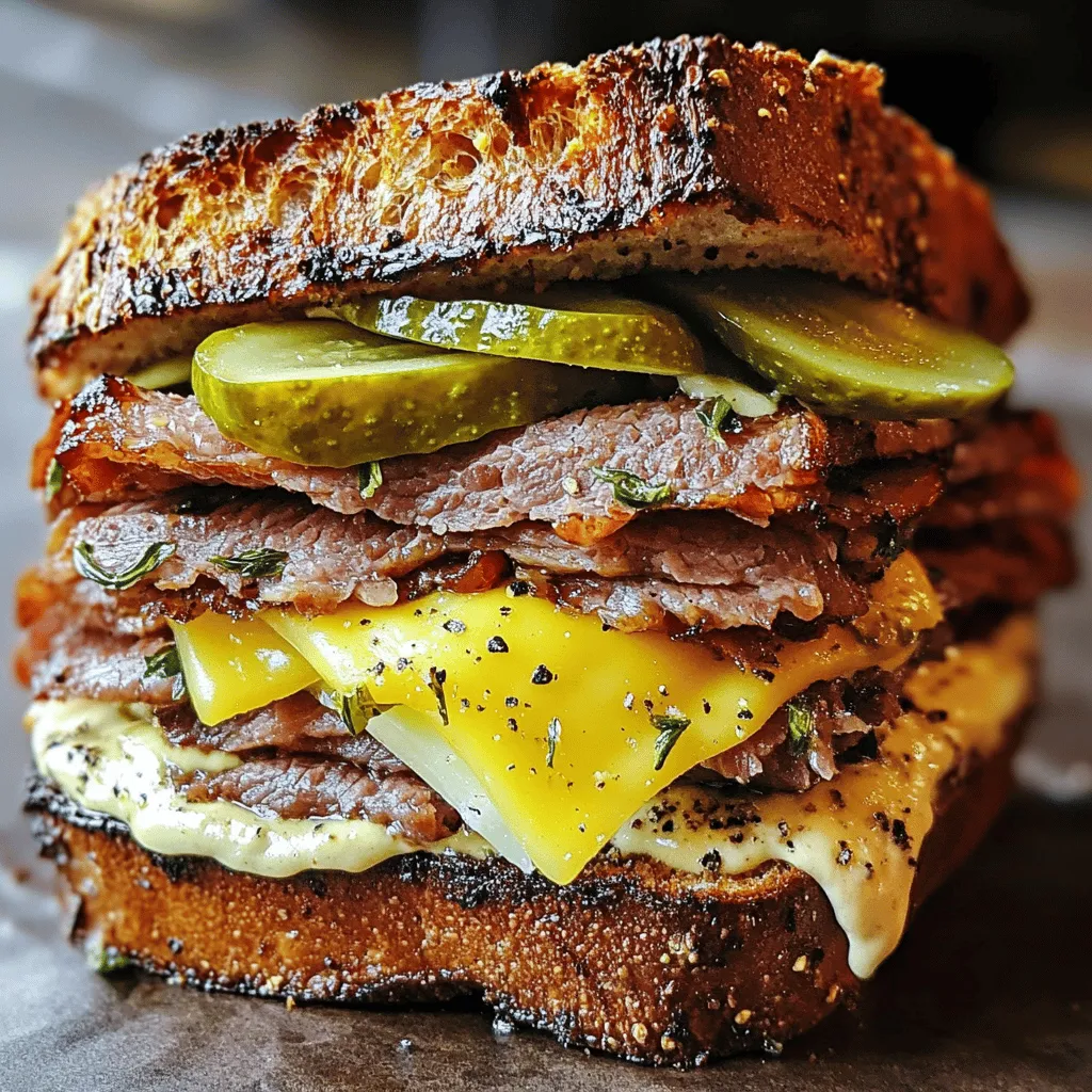 - 8 ounces of sliced pastrami (preferably hand-cut) - 2 slices of rye bread (fresh and sturdy) - 2 tablespoons of Dijon mustard - 1 slice of Swiss cheese (optional) - 1 dill pickle, sliced (for garnish) - Freshly cracked black pepper (to taste)