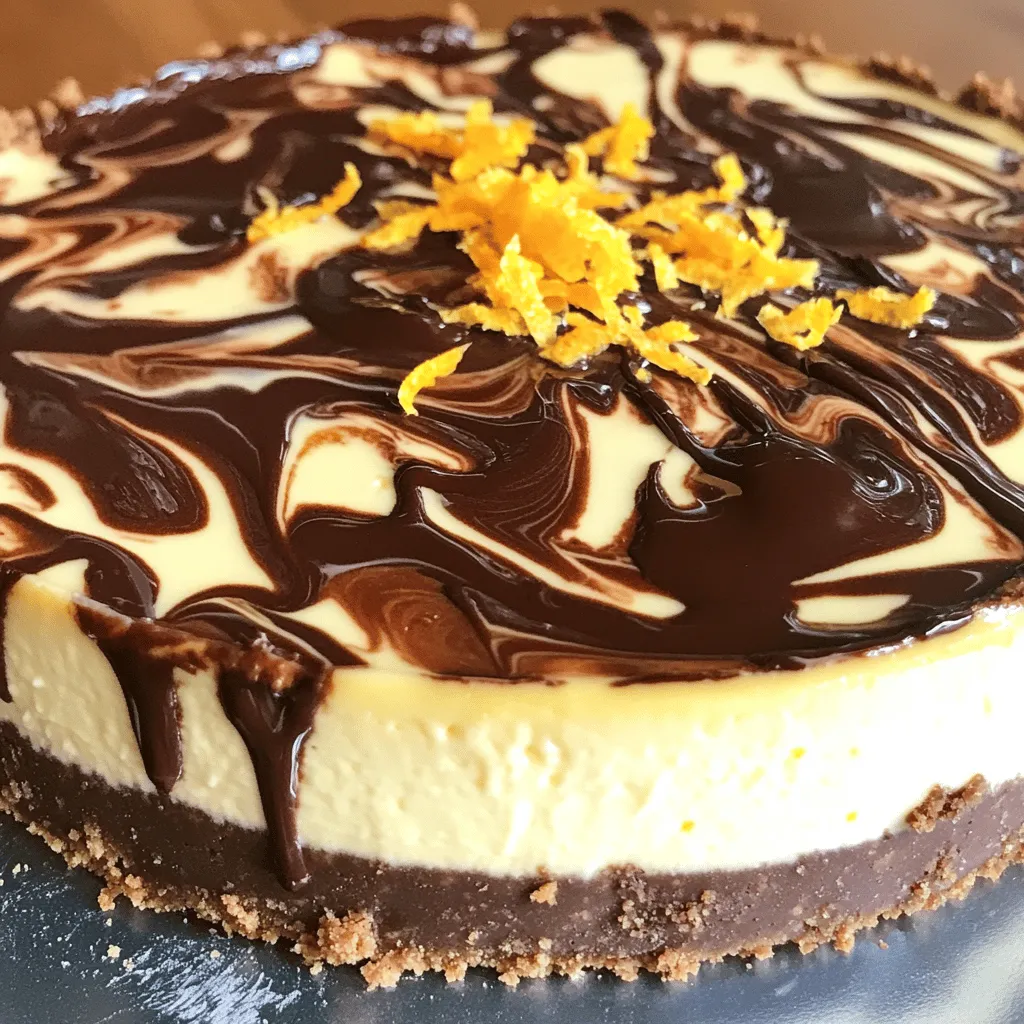 - 1 ½ cups graham cracker crumbs - ½ cup unsweetened cocoa powder - ½ cup sugar - ½ cup unsalted butter, melted - 3 (8-ounce) packages cream cheese, softened - 1 cup sugar - ½ cup sour cream - 1 teaspoon vanilla extract - 4 large eggs - Zest of 2 oranges - ½ cup fresh orange juice - 1 cup dark chocolate chips (semi-sweet or bittersweet)