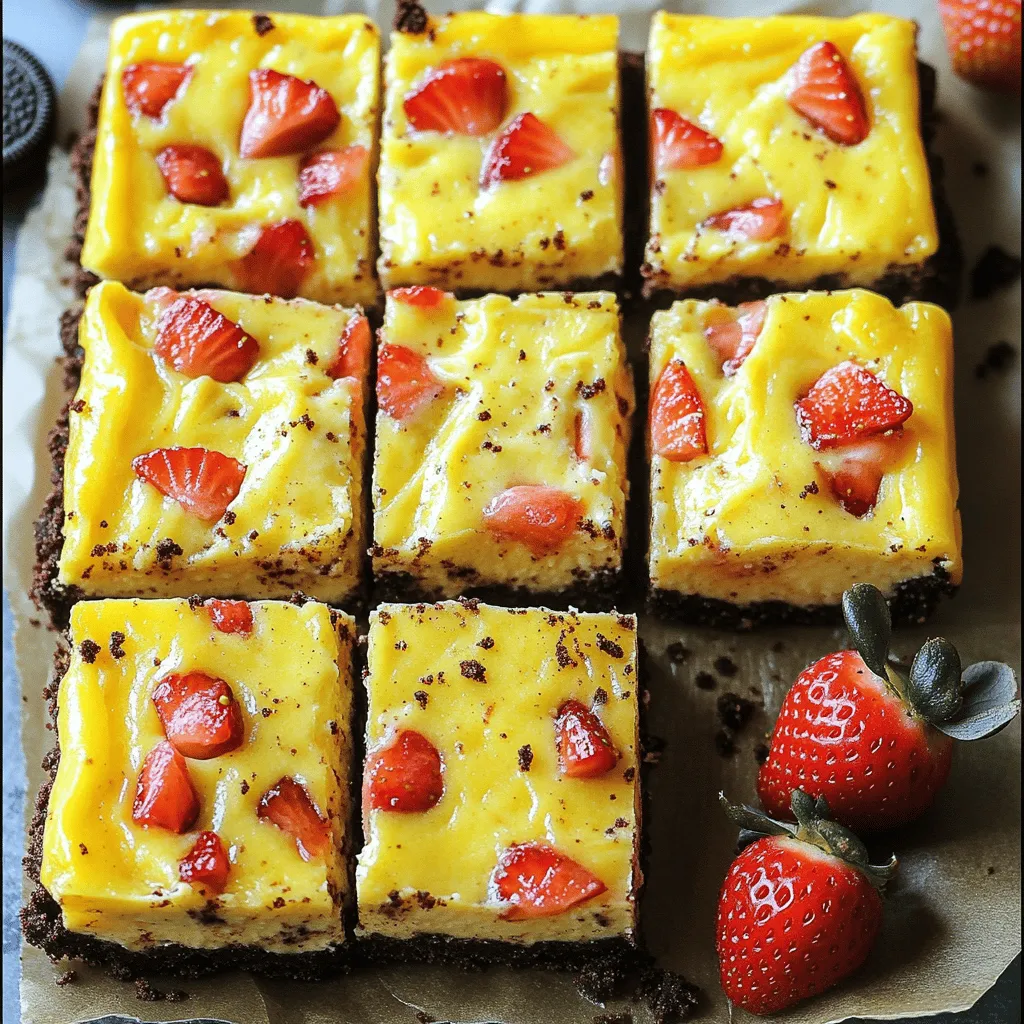 To make Golden Oreo Strawberry Cheesecake Bars, you need simple yet tasty ingredients. The crust needs just two items: crushed Golden Oreo cookies and melted butter. These cookies add a sweet and buttery flavor. The creamy filling requires cream cheese, granulated sugar, vanilla extract, and an egg. These ingredients make the cheesecake rich and smooth.