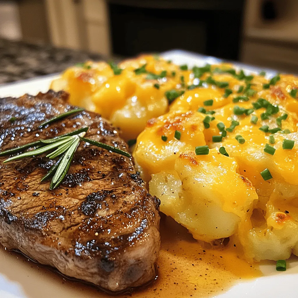 The key ingredients for ribeye steak with cheesy scalloped potatoes create a mouthwatering dish. First, let