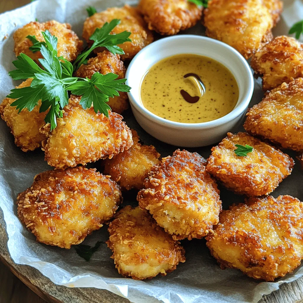 - 1 lb (450g) chicken breast, cut into bite-sized pieces - 1 cup all-purpose flour - 2 large eggs - 1 cup breadcrumbs (preferably panko for extra crunch) - 1 teaspoon garlic powder - 1 teaspoon onion powder - 1 teaspoon smoked paprika - ½ teaspoon salt - ½ teaspoon black pepper - ½ teaspoon cayenne pepper (optional, for heat) - Cooking oil (for frying)