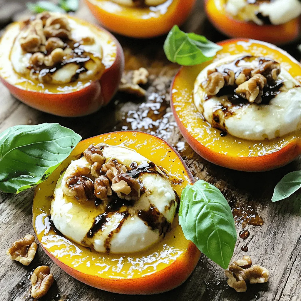 - 4 ripe peaches, halved and pitted - 8 oz fresh mozzarella, sliced - 2 tablespoons olive oil - 1 tablespoon balsamic vinegar - 1 tablespoon honey - 1 teaspoon fresh thyme leaves (or ½ teaspoon dried thyme) - Salt and pepper to taste - ¼ cup toasted walnuts, chopped (optional) - Fresh basil leaves for garnish
