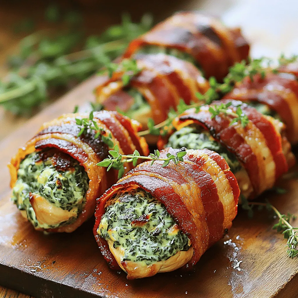 - 4 boneless, skinless chicken breasts - 8 slices of thick-cut bacon - 1 cup spinach, sautéed and chopped - 1 cup cream cheese, softened