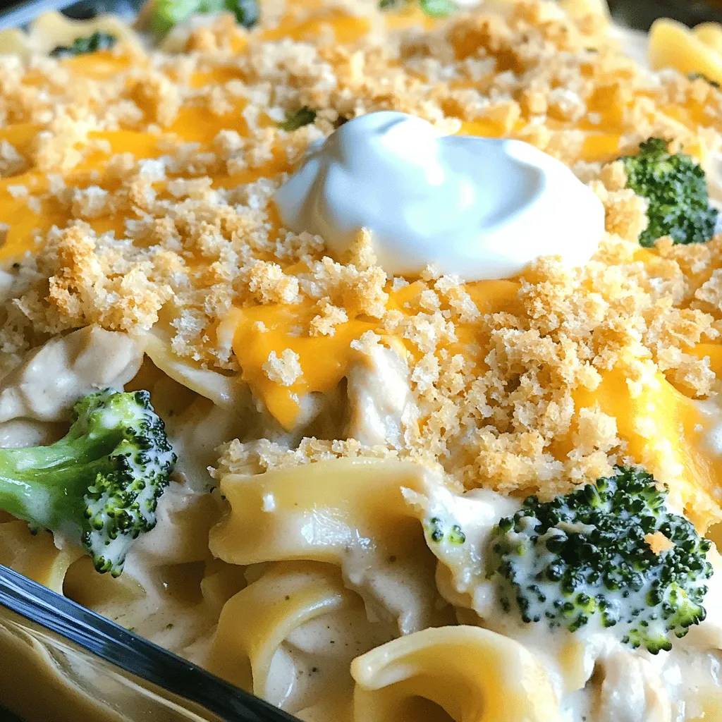 - 2 cups cooked egg noodles - 2 cups shredded rotisserie chicken - 1 cup broccoli florets (fresh or frozen) In this dish, the main ingredients bring comfort and flavor. The cooked egg noodles serve as a hearty base. I love using rotisserie chicken for its rich taste and ease. Broccoli adds a nice crunch and color, making this casserole both tasty and healthy. - 1 can (10.5 oz) cream of mushroom soup - 1 cup sour cream - ½ cup milk The creamy mixture is key to this recipe. The cream of mushroom soup gives depth and a rich flavor. Sour cream adds a nice tang, while milk keeps it smooth. Together, these ingredients create a luscious sauce that coats everything beautifully. - 1 teaspoon garlic powder - 1 teaspoon onion powder - ½ teaspoon black pepper - 1 teaspoon dried thyme - 1 cup breadcrumbs (for topping) - 2 tablespoons olive oil - ½ cup grated Parmesan cheese - 1 cup shredded sharp cheddar cheese (divided) Seasoning brings out the best in this casserole. Garlic powder and onion powder add that savory touch. Black pepper and thyme enhance the flavors nicely. The topping is just as important; breadcrumbs mixed with olive oil create a crispy crust. I also love adding Parmesan and cheddar for extra richness. The combination of these toppings makes every bite a delight.Start by cooking your egg noodles. You want them just right, not too soft. While they cook, shred your rotisserie chicken. This will save you time and add great flavor. Next, grab a 9x13 inch baking dish and grease it. This step helps prevent sticking and makes cleanup easier. In a large bowl, mix the cooked noodles, shredded chicken, and broccoli florets. Make sure everything is evenly distributed. In another bowl, create the creamy sauce. Combine the cream of mushroom soup, sour cream, milk, garlic powder, onion powder, black pepper, and dried thyme. Stir until smooth. Pour this sauce over your noodle mixture and stir well. Fold in ¾ cup of shredded cheddar cheese for extra creaminess. Pour the entire mixture into your greased baking dish. Spread it out evenly to ensure even cooking. Now, let’s prepare the breadcrumb topping. In a small bowl, mix breadcrumbs with olive oil and grated Parmesan cheese. This will add a nice crunch. Sprinkle this mixture on top of your casserole, then add the remaining cheddar cheese. Preheat your oven to 350°F. Place the casserole in the oven and bake it for about 25 to 30 minutes. Look for a bubbly, golden top. This means it’s done! Once baked, let it sit for 5 minutes before serving. Enjoy your delicious Chicken Noodle Casserole!Using cooked chicken is key. It saves time and guarantees a tender bite. I prefer shredded rotisserie chicken for its flavor and ease. You can use leftover chicken, too. Just make sure it