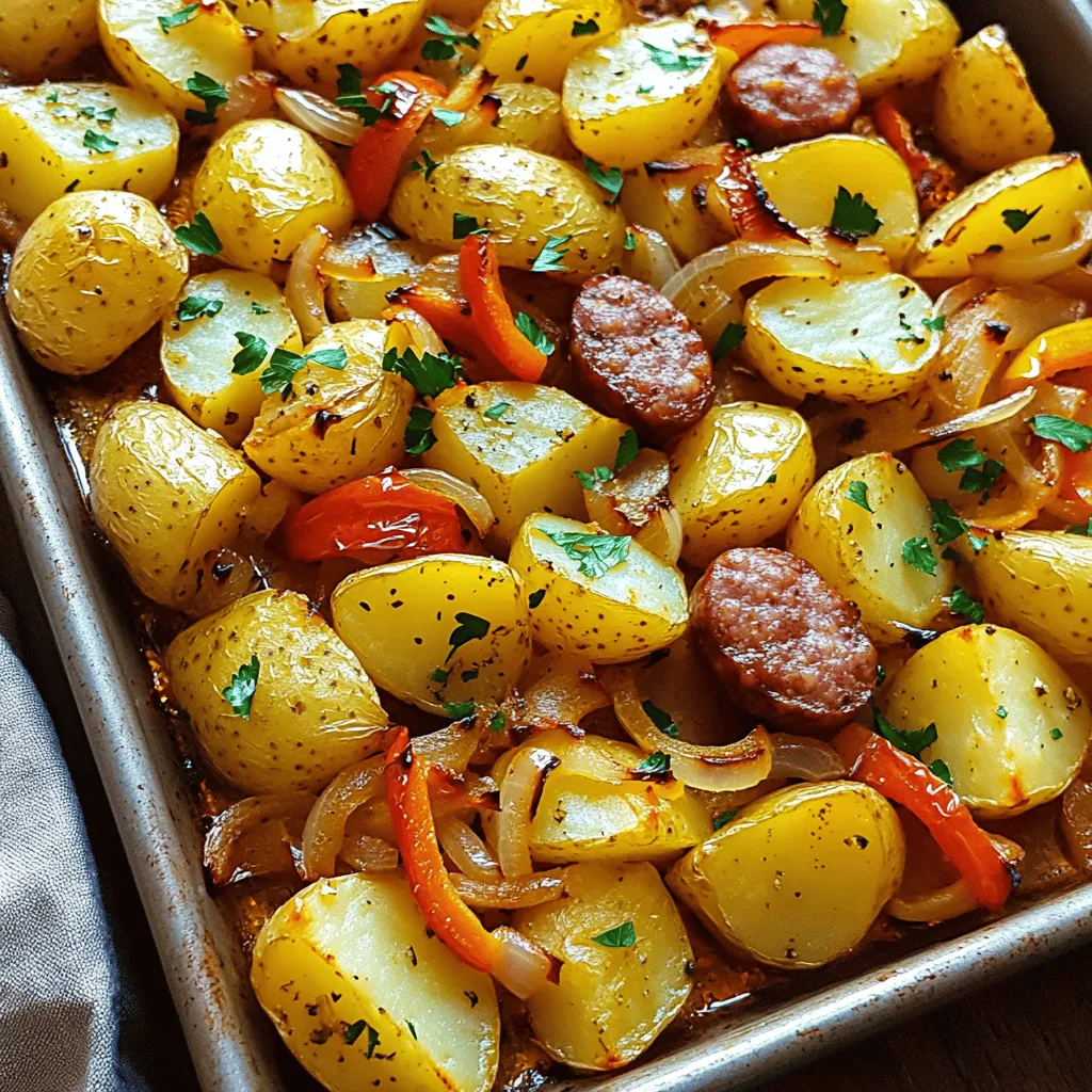 - 1 pound smoked sausage (kielbasa or andouille) - 4 medium potatoes (Yukon gold or red potatoes) - 1 large onion, chopped - 2 bell peppers (one red, one green), sliced