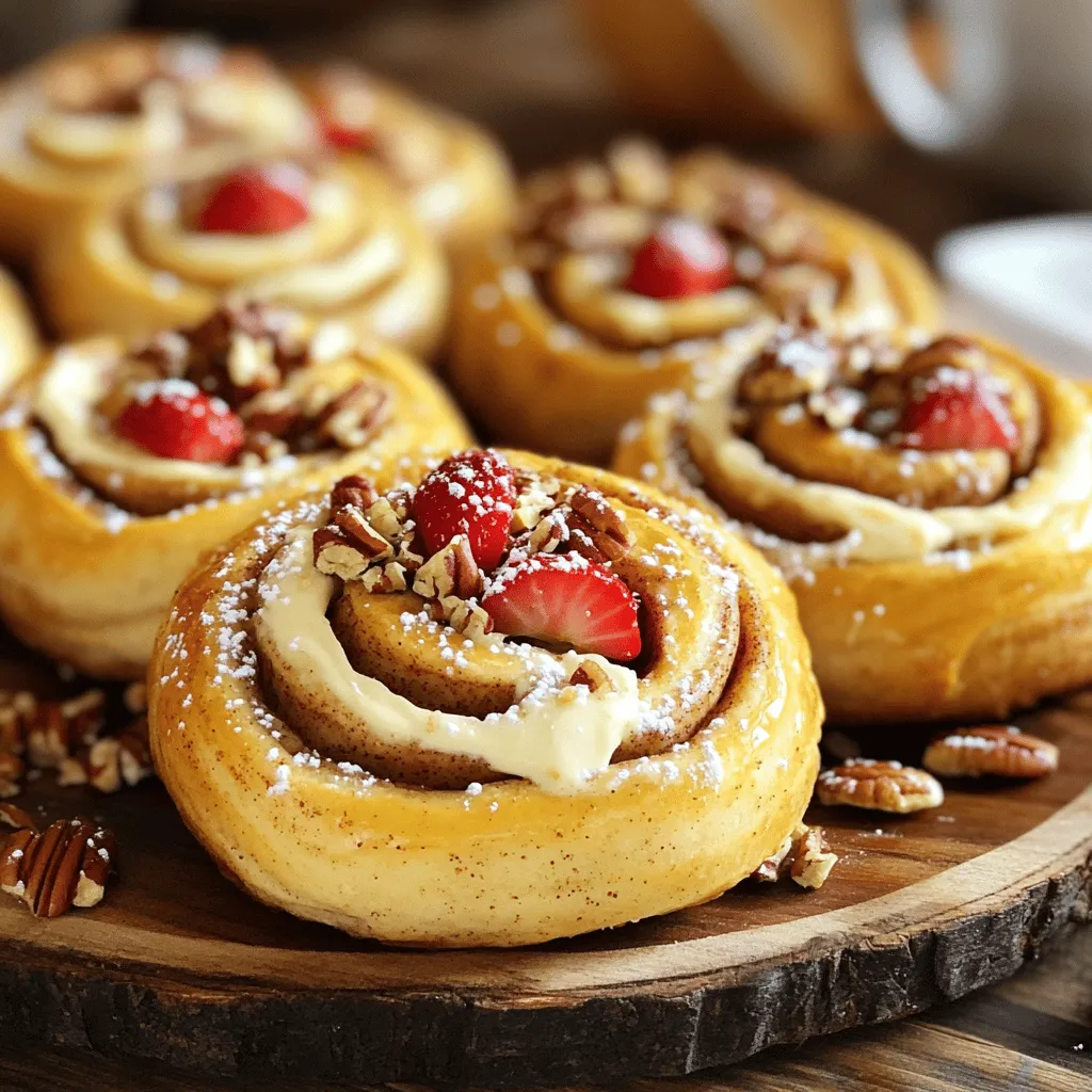 Strawberry cheesecake cinnamon rolls with pecans combine sweet and creamy flavors. They are dessert rolls that bring joy to any meal. Each roll has a soft dough filled with fresh strawberries and cream cheese. The pecans add a nice crunch to the mix.