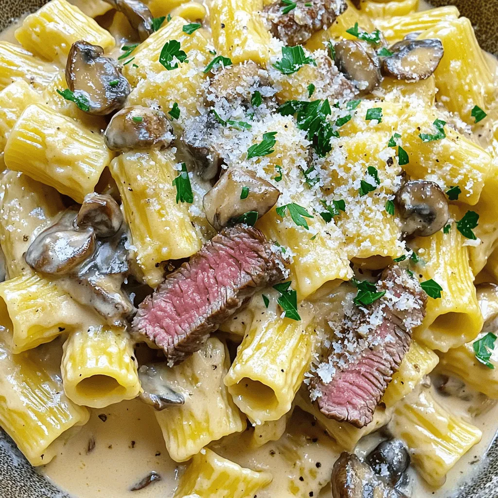 To create a delicious steak rigatoni, you need a few key ingredients. The main star is 12 ounces of rigatoni pasta. This pasta shape holds the creamy mushroom sauce well. You will also need 1 pound of flank steak, sliced into thin strips. The steak adds rich flavor and protein to the dish.