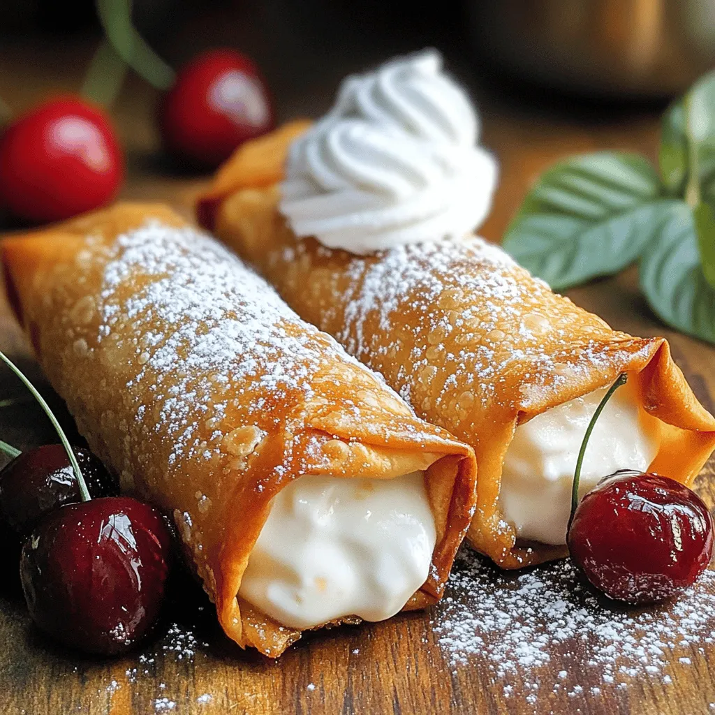 Cherry cheesecake egg rolls are a fun twist on traditional cheesecake. These dessert egg rolls pack creamy cheesecake filling and sweet cherry pie filling inside crispy wrappers. The unique blend of flavors and textures makes them a hit at parties and gatherings.