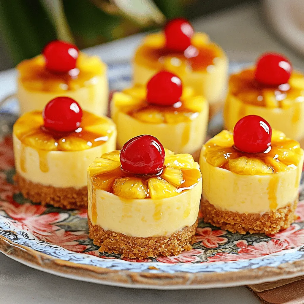 - 1 cup crushed pineapple (canned or fresh, drained) - 1 tablespoon brown sugar - 1/2 teaspoon cinnamon - 1 cup graham cracker crumbs - 1/4 cup unsalted butter, melted - 8 oz cream cheese, softened - 1/2 cup granulated sugar - 1 teaspoon vanilla extract - 1 cup heavy whipping cream - Maraschino cherries for garnish (optional)