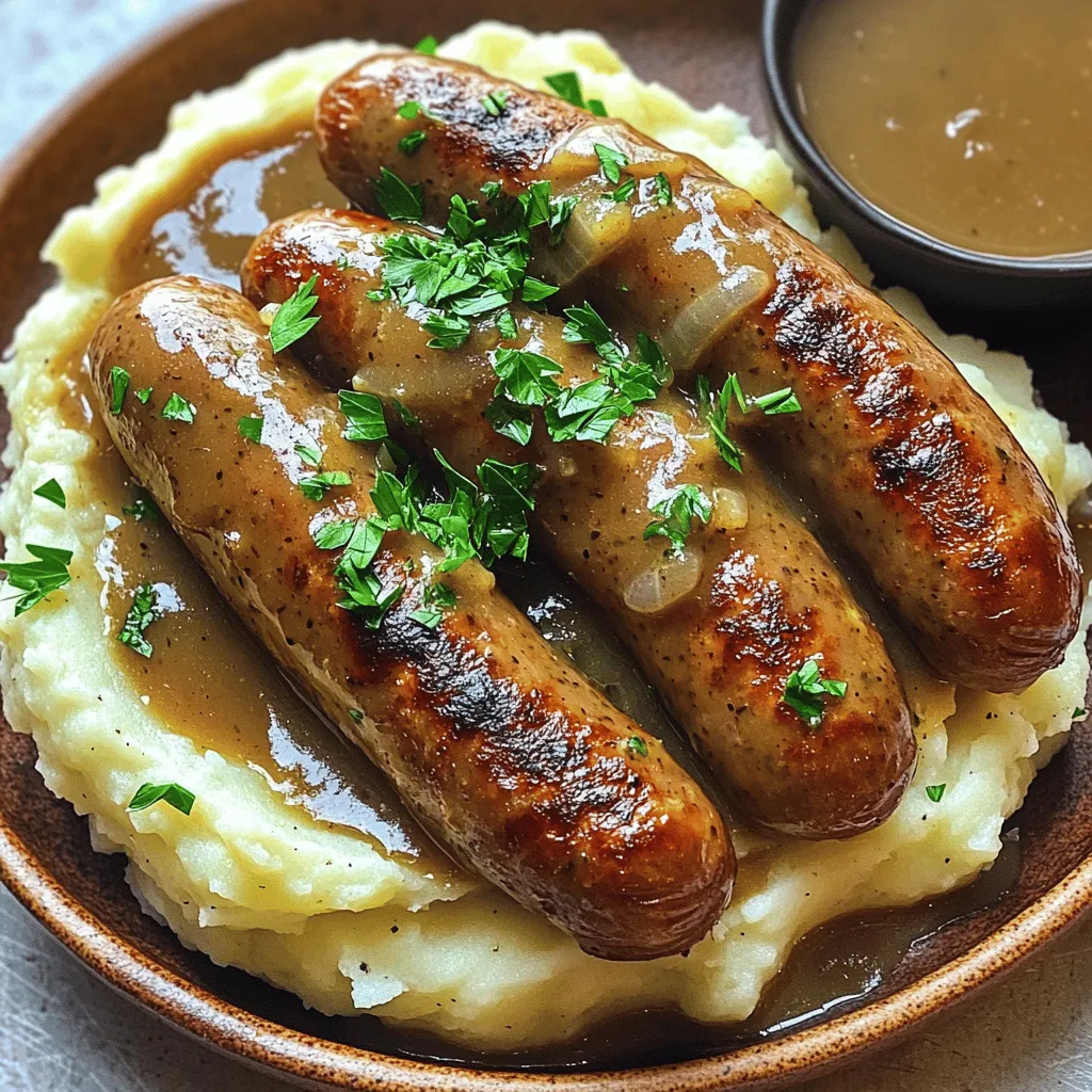 Bangers and mash is a simple dish made of sausages and mashed potatoes. The sausages are often pork, but you can use other meats too. The mash is creamy and smooth, made from potatoes. The dish usually comes with onion gravy on top. This meal is warm and filling, perfect for any day.