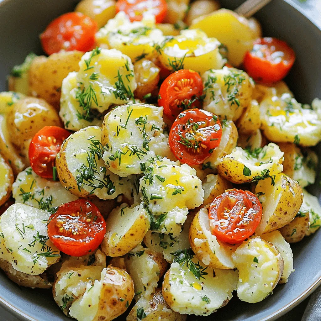 To make a crispy herb smashed potato salad, you need simple, fresh ingredients. Start with 1.5 pounds of baby potatoes. They give a nice bite and hold their shape well. You will also need olive oil, garlic powder, onion powder, and smoked paprika for flavor. Don’t forget salt and pepper to taste. For color and freshness, add 1 cup of halved cherry tomatoes.