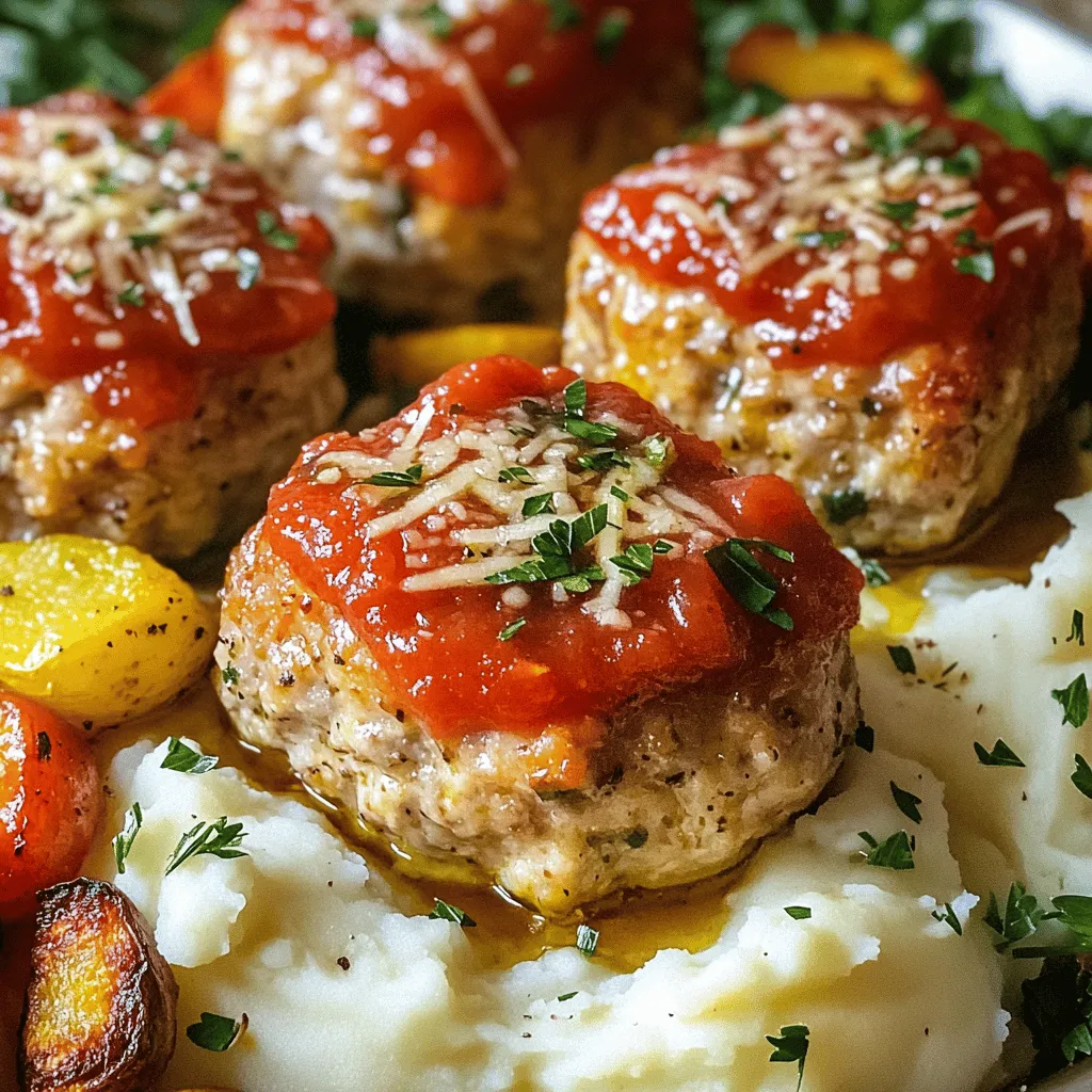 To make Garlic Parmesan Chicken Meatloaves, you need simple, tasty ingredients. Here’s what you should gather: - 1 lb (450g) ground chicken - 1 cup breadcrumbs (preferably panko) - 1/2 cup grated Parmesan cheese - 2 cloves garlic, minced - 1/4 cup chopped fresh parsley - 1/4 cup milk - 1 large egg, lightly beaten - 1 teaspoon dried Italian herbs (oregano, basil, thyme) - Salt and pepper to taste - 1/2 cup marinara sauce (for topping) - 2 tablespoons olive oil These ingredients work together to create a juicy and flavorful meatloaf. The ground chicken keeps it light. The Parmesan adds a rich, cheesy taste. Fresh garlic brings a strong aroma that makes your kitchen smell amazing. You can add a few extra ingredients to boost flavor. Consider mixing in: - Chopped bell peppers for sweetness - Finely diced onion for a savory kick - A splash of Worcestershire sauce for depth - Crushed red pepper flakes for heat These add-ins let you customize the meatloaves. Feel free to play with flavors to suit your taste! Using fresh ingredients makes a big difference. Fresh chicken has better texture and taste. Fresh garlic adds a stronger flavor than dried. Fresh herbs, like parsley, provide bright color and aroma. When you use fresh items, you elevate your dish. They enhance taste and look, making your meal more enjoyable. For the best results, always choose fresh over old or stale. This small step leads to big rewards in flavor! To start, gather all your ingredients. You need ground chicken, breadcrumbs, Parmesan cheese, garlic, parsley, milk, egg, and herbs. In a large bowl, mix the ground chicken and breadcrumbs. Next, add the grated Parmesan and minced garlic. Toss in the chopped parsley, milk, and the beaten egg. Sprinkle in the dried Italian herbs, along with salt and pepper. Mix gently until everything is just combined. Avoid overmixing, as this can make the meatloaves tough. Once your mixture is ready, it’s time to shape the meatloaves. Divide the mixture into six equal parts. Roll each part into a mini loaf shape using your hands. Make sure they are even, so they cook at the same rate. Place each meatloaf on a parchment-lined baking sheet. This step helps with easy cleanup later. Drizzle some olive oil over each meatloaf. This will help keep them juicy as they bake. Now, preheat your oven to 375°F (190°C). Once hot, place the baking sheet in the oven. Bake the meatloaves for 25 to 30 minutes. You want to check the internal temperature; it should reach 165°F (74°C). About five minutes before they finish baking, spoon marinara sauce on top of each meatloaf. This adds flavor and moisture. When done, take them out and let them rest for a few minutes. Enjoy your flavorful Garlic Parmesan Chicken Meatloaves!To keep your Garlic Parmesan Chicken Meatloaves moist, use ground chicken with some fat. This helps the meat stay juicy. Adding breadcrumbs also helps absorb moisture. Don