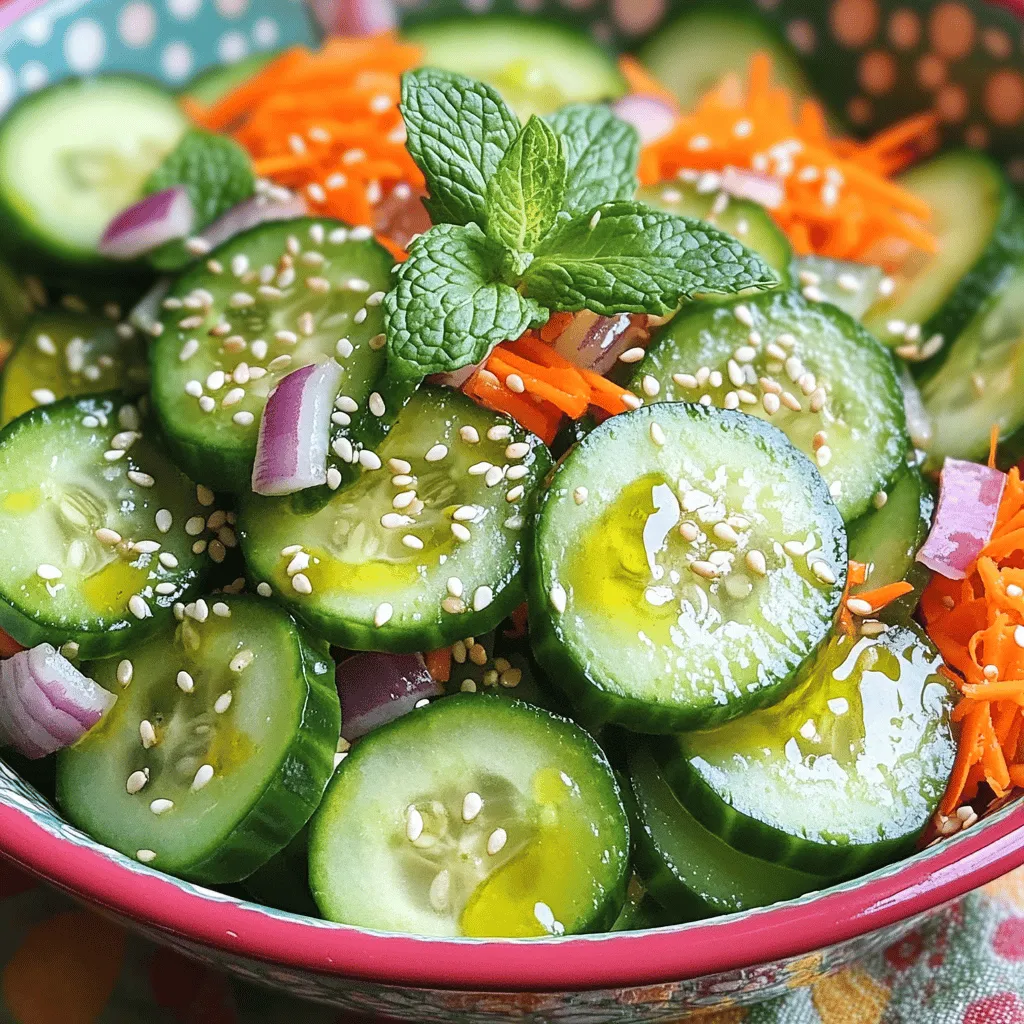 To make the Crispy Pepino e Cenoura Salad, you will need: - 1 large cucumber (pepino), thinly sliced - 2 medium carrots (cenoura), grated - 1 red bell pepper, diced - ¼ cup red onion, finely chopped - 2 tablespoons fresh mint leaves, chopped - 2 tablespoons olive oil - 1 tablespoon apple cider vinegar - 1 teaspoon honey (or agave syrup for vegan option) - Salt and black pepper to taste - Optional: 1 tablespoon sesame seeds for garnish