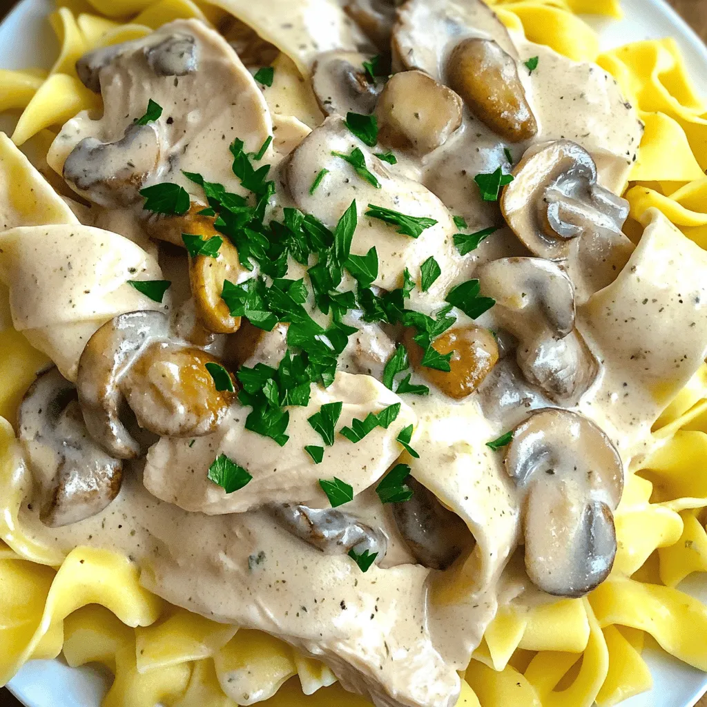 To make a great chicken stroganoff, you need a few key ingredients. First, use 500g of chicken breast. I like to slice it into thin strips. This helps the chicken cook evenly. Next, add 250g of mushrooms. Sliced mushrooms bring a rich taste to the dish. Don