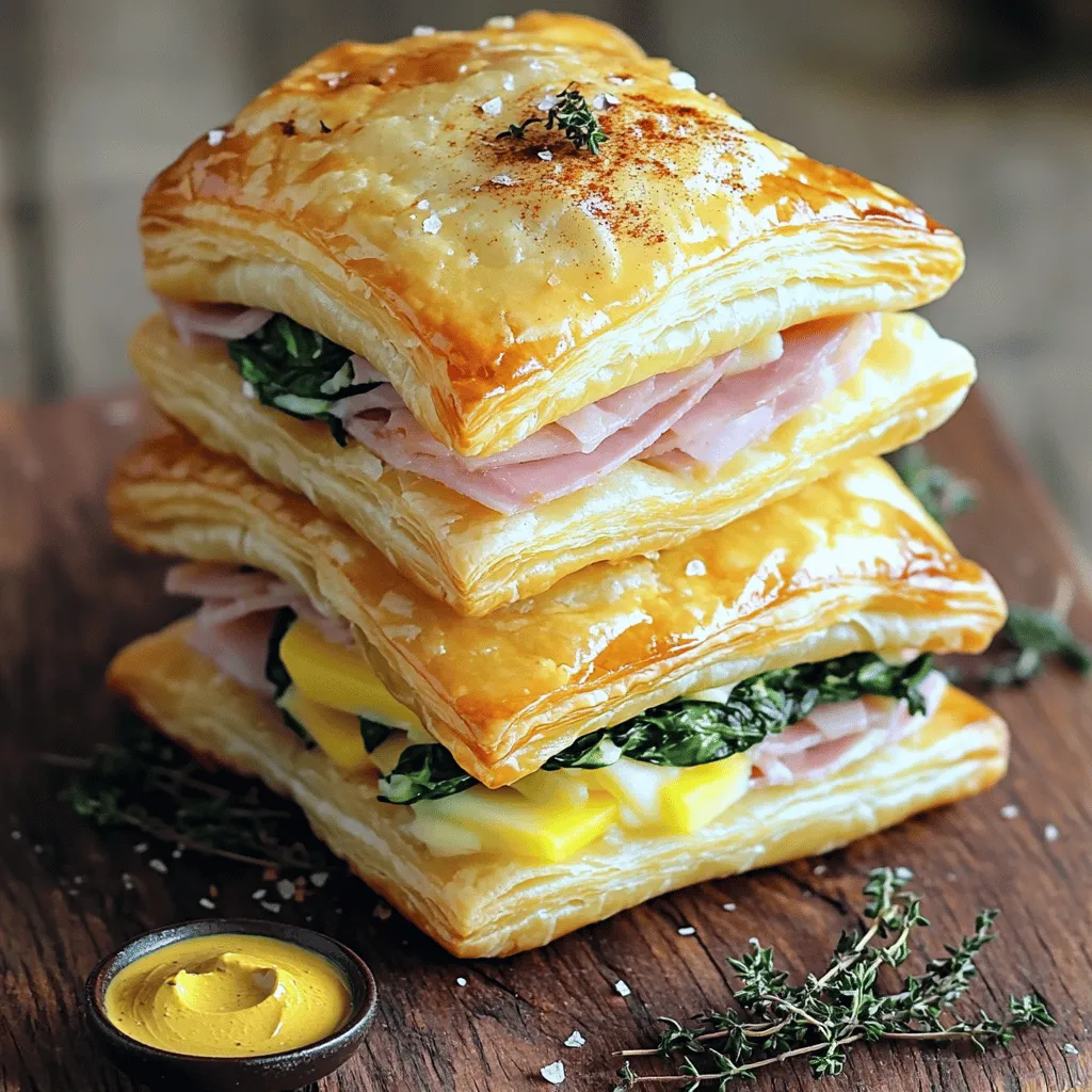 To make Crispy Ham & Cheese Puff Pastry Stacks, you need some key ingredients. First, grab a package of frozen puff pastry sheets. You will need about 17.3 ounces. This pastry is light and flaky, perfect for our stacks. Next, get 8 ounces of thinly sliced ham. This adds a savory flavor and a nice meaty touch.