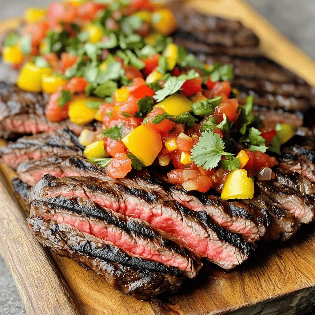 For a great grilled flank steak recipe, you need some key ingredients. Start with 1.5 pounds of flank steak. This cut is flavorful and tender when cooked right. Marinade it with olive oil, garlic powder, smoked paprika, salt, and pepper. This flank steak marinade adds depth to the meat.