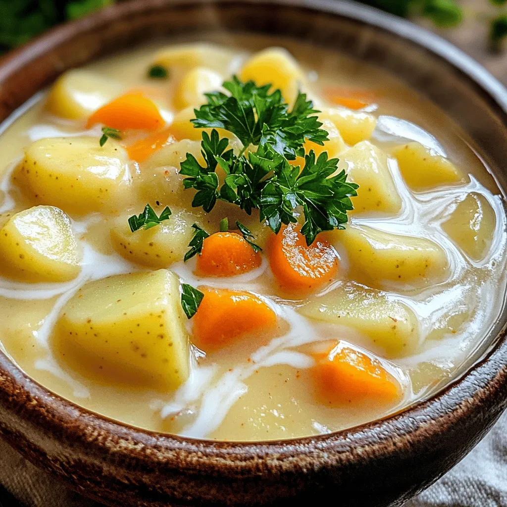 The heart of Polish potato soup lies in its simple yet delicious ingredients. You need four large potatoes. I prefer Yukon Gold for their creamy texture. Next, grab one large onion. It adds a sweet base flavor. Two cloves of minced garlic bring depth and aroma to the dish.