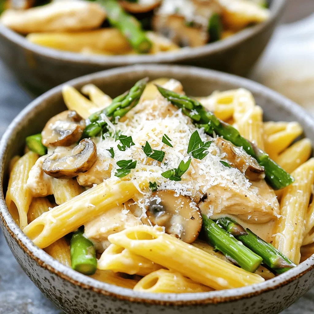 To create your creamy mushroom and asparagus chicken penne, gather these key ingredients: