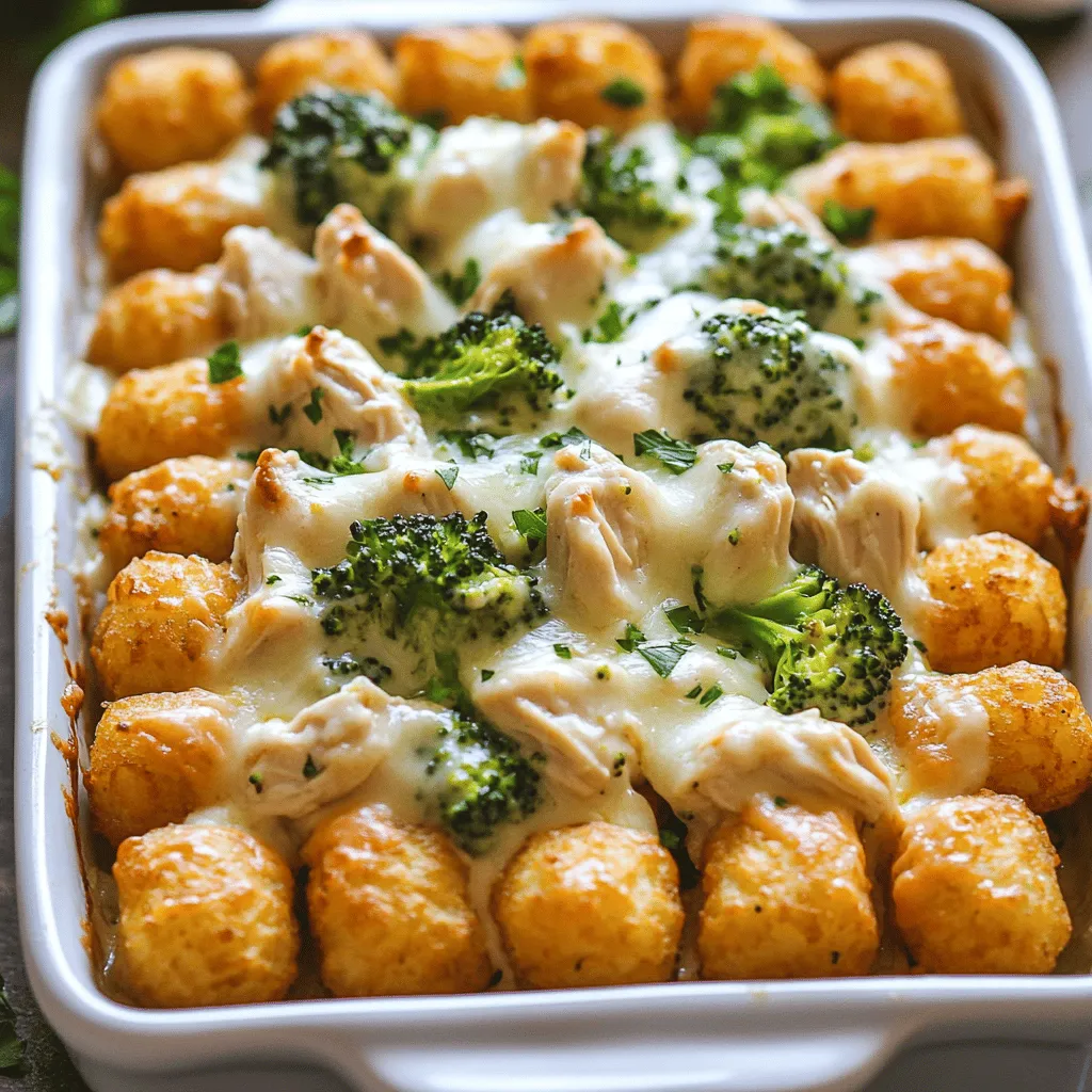 To create a savory chicken alfredo tater tot casserole, gather these key ingredients. You need two cups of cooked chicken, shredded to make it tender. A can of cream of chicken soup adds rich creaminess. Use one cup of heavy cream for that extra smooth texture. Grated Parmesan cheese brings a nice flavor boost. Garlic powder and onion powder add zest with just one teaspoon each. Italian seasoning gives it that classic taste. Don