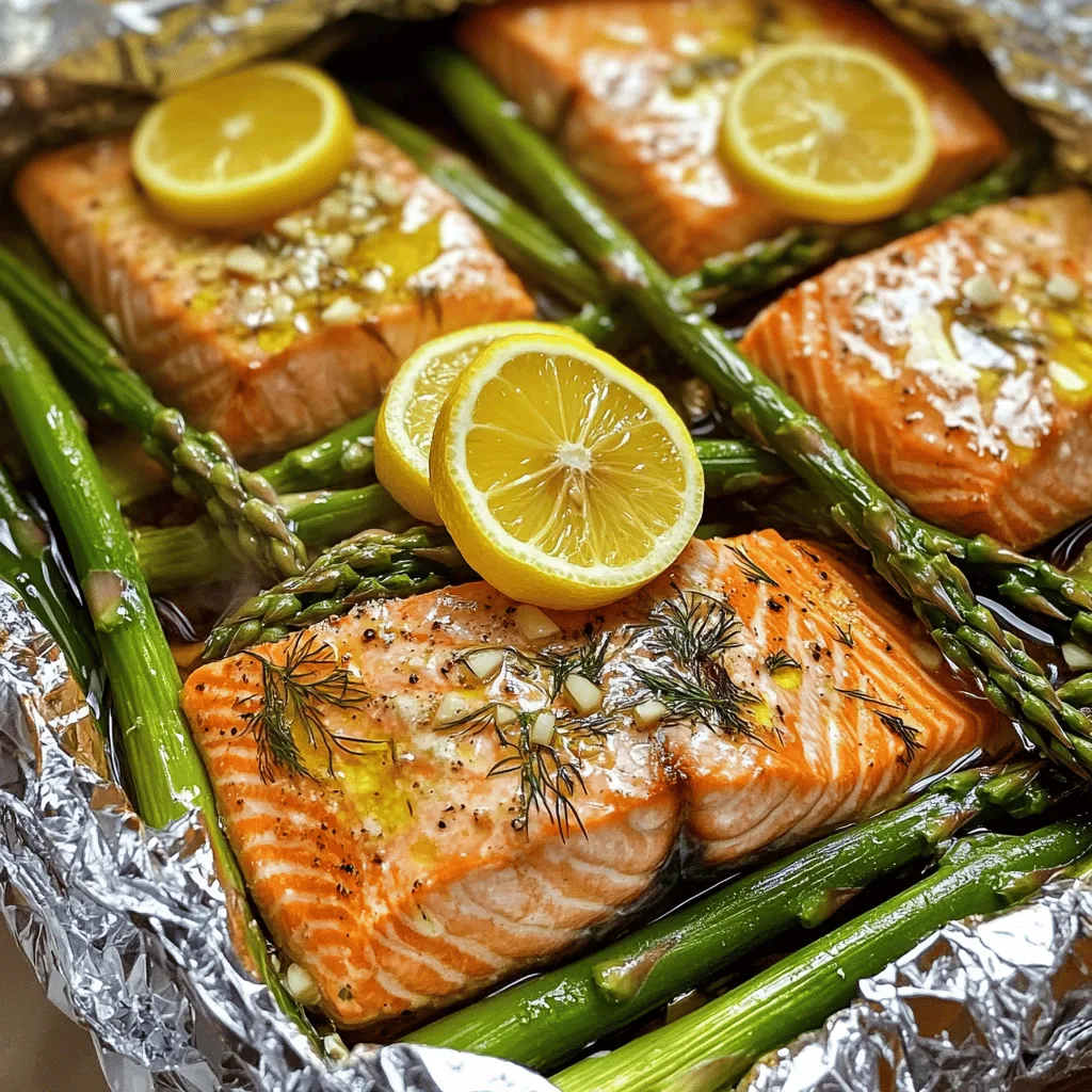 The main ingredients for baked salmon in foil with asparagus are simple. You need two salmon fillets, about six ounces each. Fresh asparagus is a must, and one bunch will do. Olive oil adds richness, while lemon slices bring brightness. Garlic is key for flavor. I love using dried dill for a fresh taste. Finally, salt and pepper round out the dish.