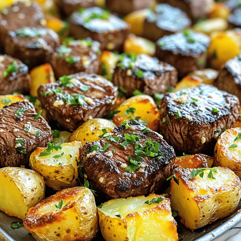 To make garlic butter steak bites with potatoes, gather these key ingredients. You need 1 pound of sirloin steak, cut into bite-sized cubes. Sirloin is tender and flavorful, making it perfect for this dish. You also need 4 medium Yukon gold potatoes, diced into small cubes. These potatoes roast well and get crispy.