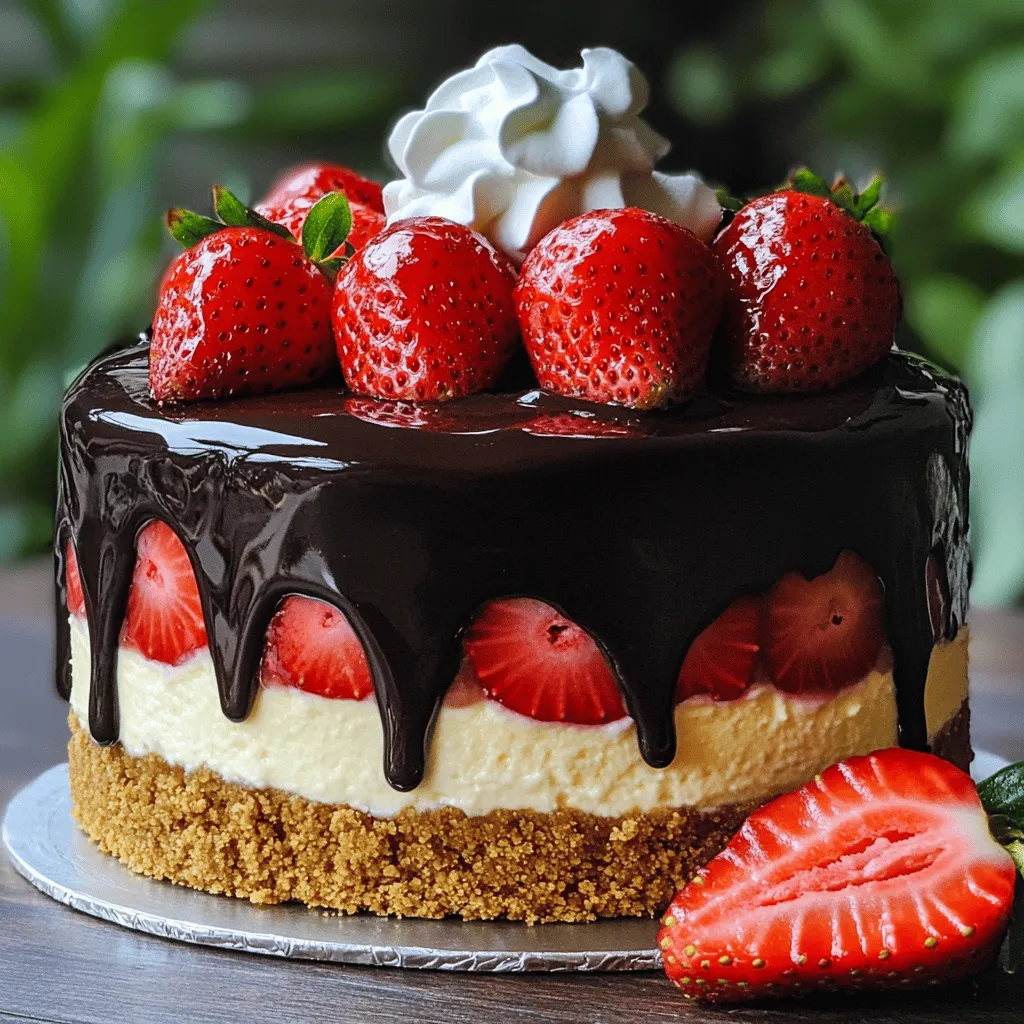 - 1 ½ cups graham cracker crumbs - ½ cup unsalted butter, melted - 2 tablespoons sugar - 16 oz cream cheese, softened - ½ cup sugar - 2 large eggs - 1 teaspoon vanilla extract - 1 cup sour cream - 1 ½ cups fresh strawberries, hulled and sliced - 8 oz dark chocolate, chopped - 2 tablespoons coconut oil