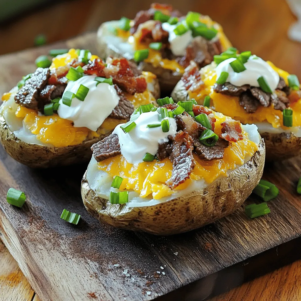 To make a loaded baked potato with juicy steak bites, you need some key ingredients. First, choose four large russet potatoes. They are perfect for baking due to their size and texture. Next, get one pound of sirloin steak. Cut it into bite-sized cubes for easy eating.