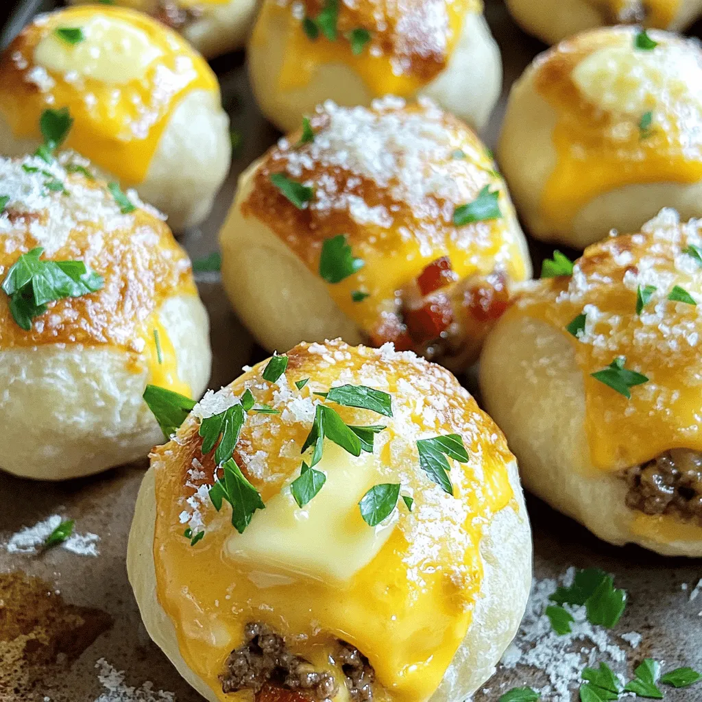 Garlic Parmesan Bacon Cheeseburger Bombs are tasty, bite-sized snacks. They combine savory beef with cheese and crispy bacon, all wrapped in pizza dough. This dish is a fun twist on classic cheeseburgers. Each bomb bursts with flavor and gooey cheese when you take a bite.